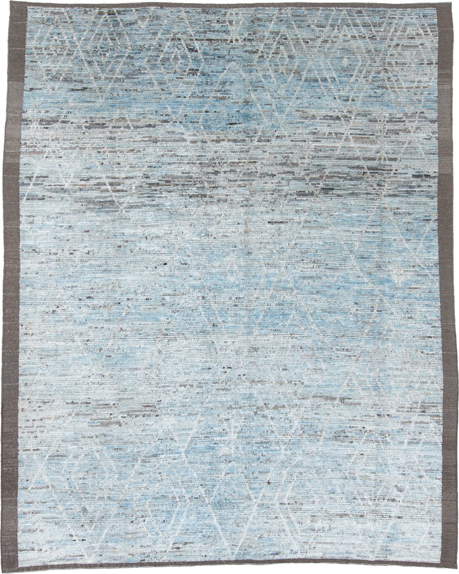 9' x 11' one-of-a-kind handmade vintage Tulu large size rug. Color palette: pale blue, ivory, taupe, gray, light blue, beige