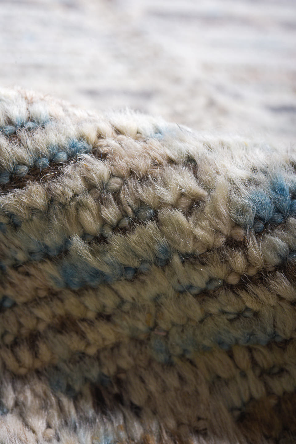 9' x 11' one-of-a-kind handmade vintage Tulu large size rug. Color palette: pale blue, ivory, taupe, gray, light blue, beige