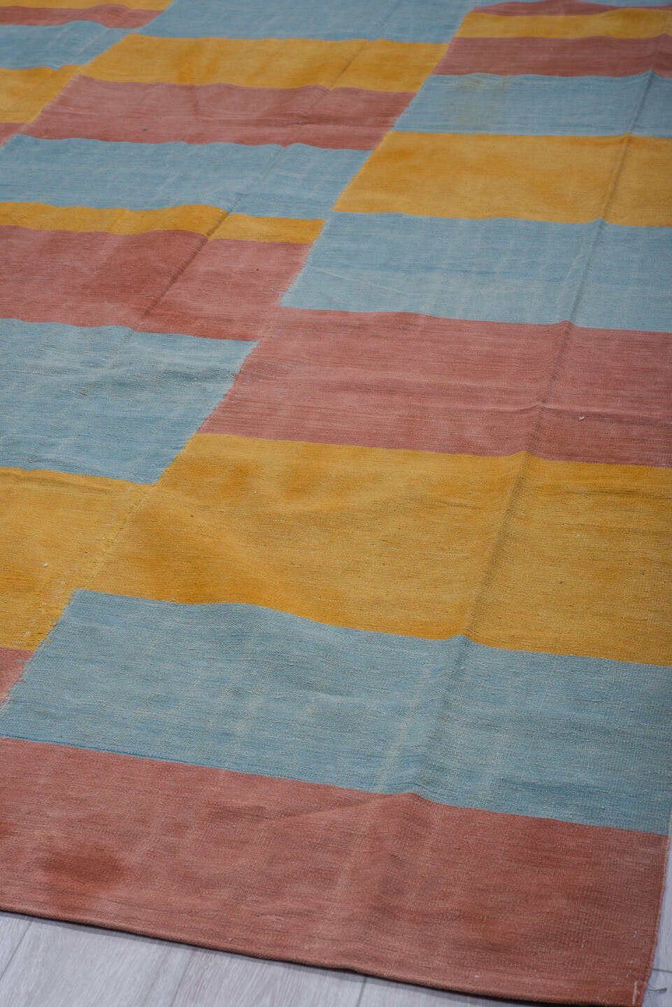 8' x 12' one-of-a-kind handmade vintage Kilim large size rug. Color palette: sky blue, dusty rose, ochre, light blue, pink