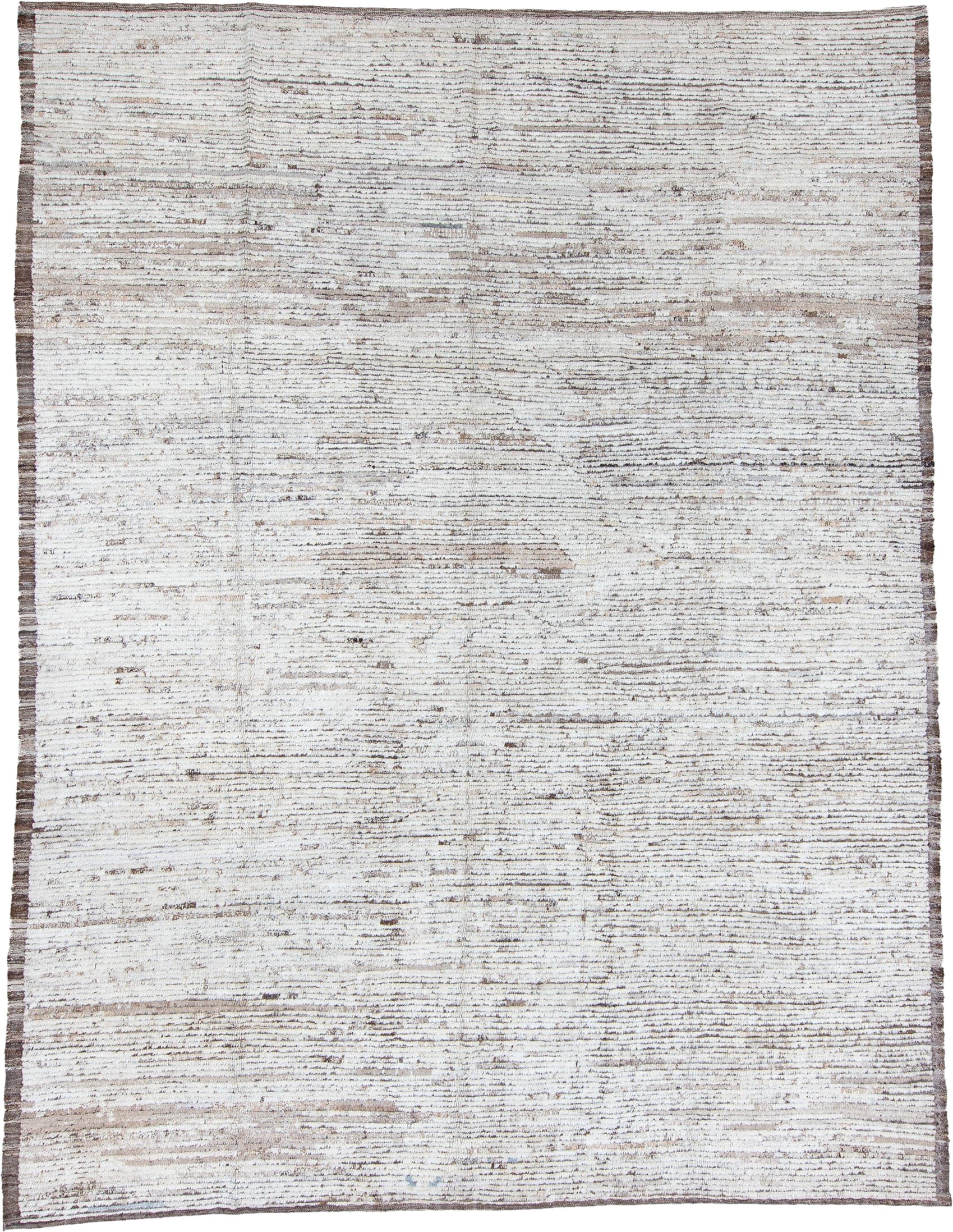 9' x 12' one-of-a-kind handmade vintage Tulu large size rug. Color palette: ivory, taupe, brown, gray, beige