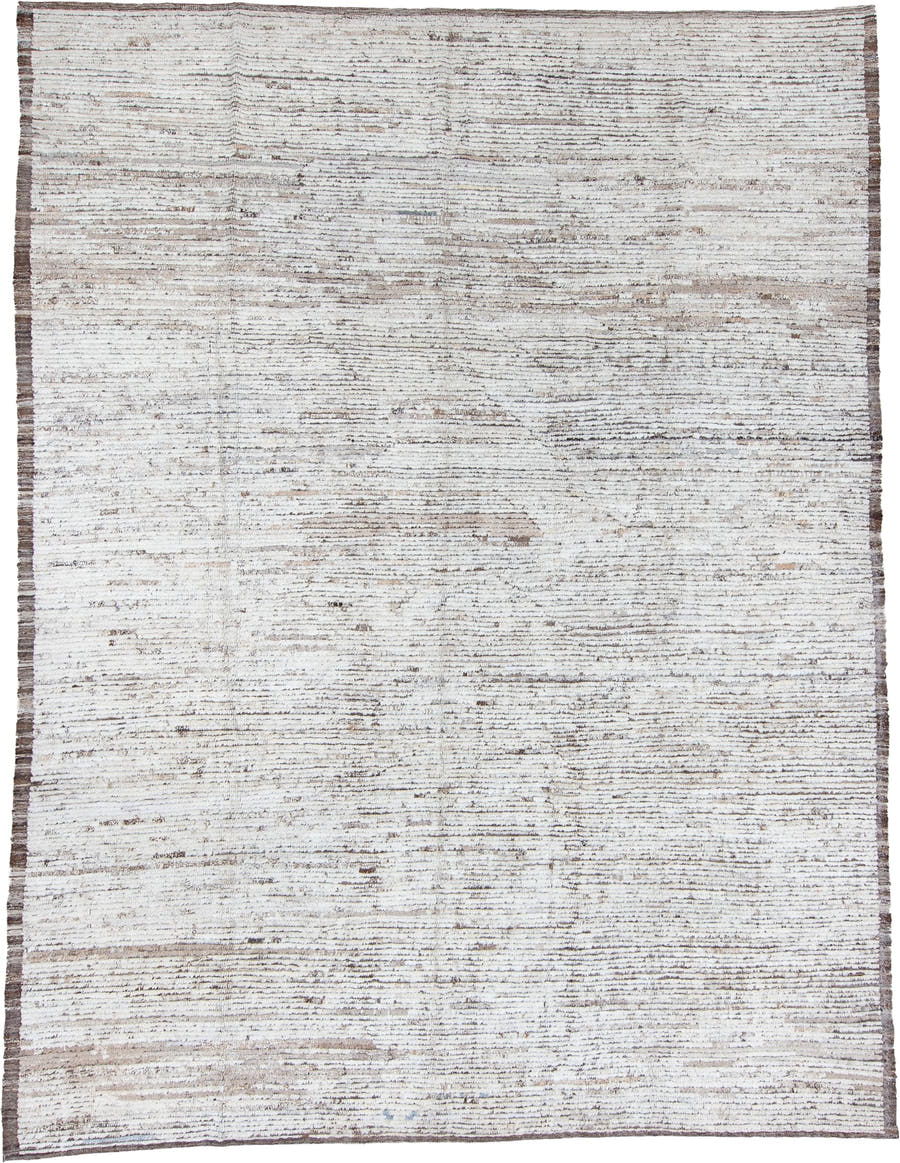 9' x 12' one-of-a-kind handmade vintage Tulu large size rug. Color palette: ivory, taupe, brown, gray, beige