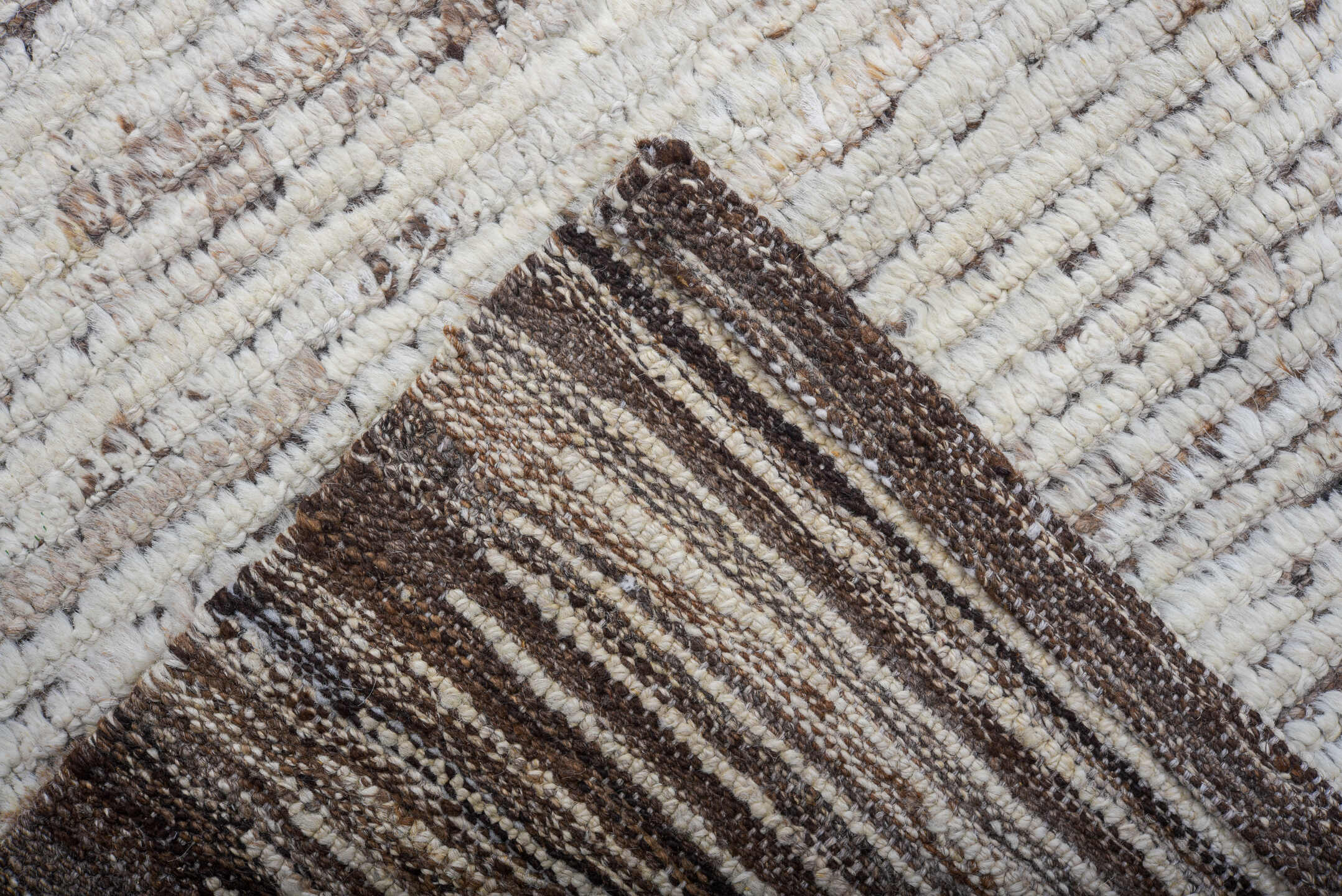9' x 12' one-of-a-kind handmade vintage Tulu large size rug. Color palette: ivory, taupe, brown, gray, beige