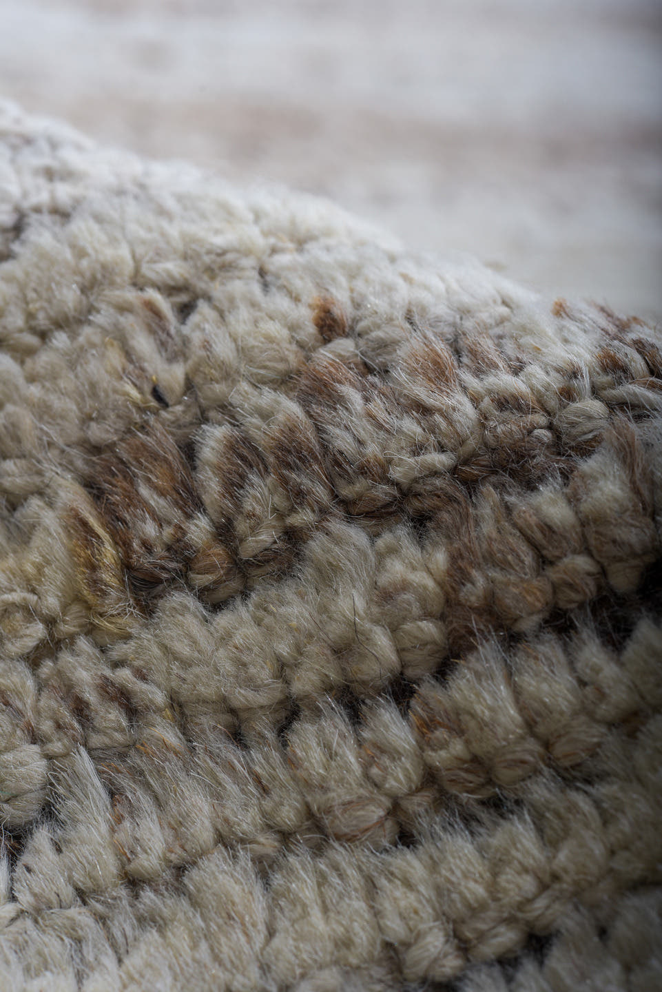 9' x 12' one-of-a-kind handmade vintage Tulu large size rug. Color palette: ivory, taupe, brown, gray, beige