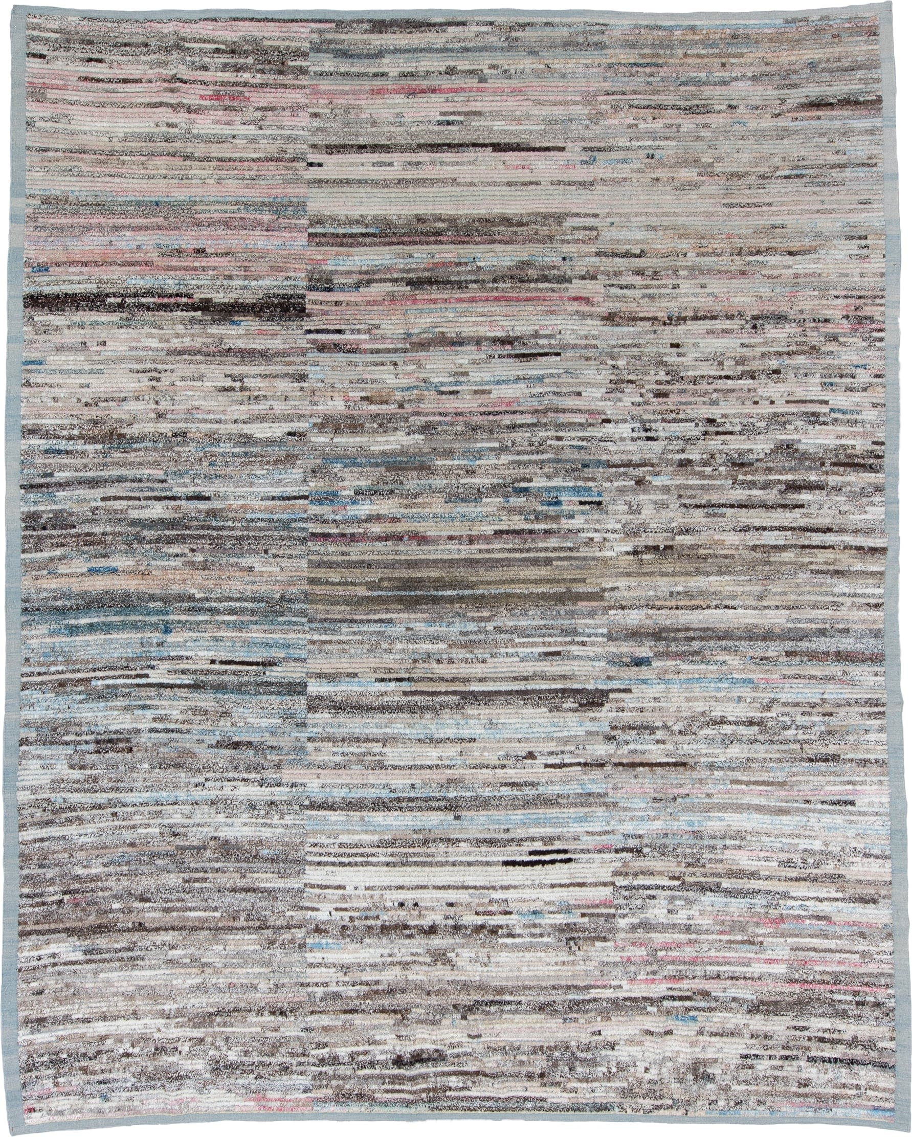11' x 13' one-of-a-kind handmade vintage Tulu oversize rug. Color palette: ivory, taupe, charcoal, pale blue, blush, brown