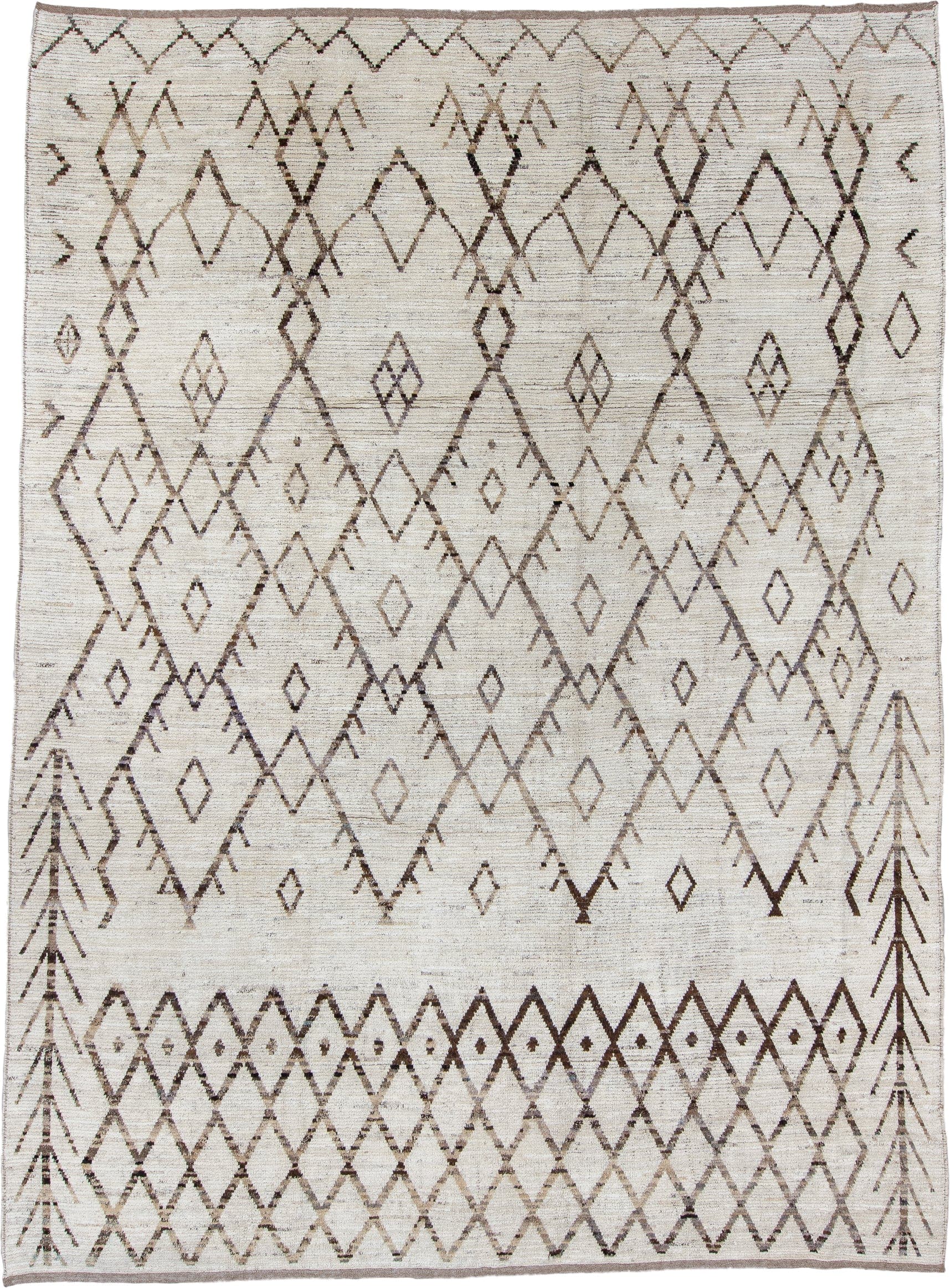 10' x 13' one-of-a-kind handmade vintage Tulu large size rug. Color palette: ivory, brown, taupe, camel, beige, gray