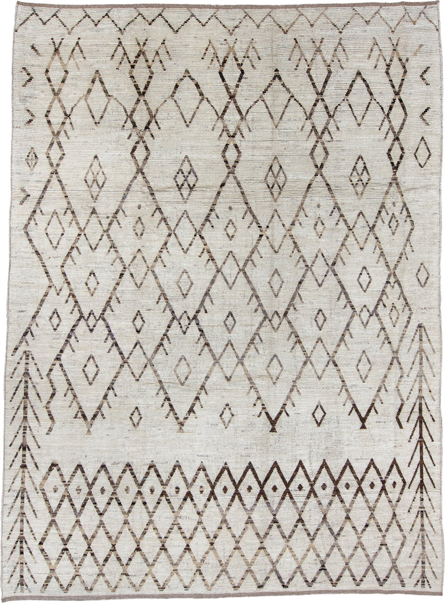 10' x 13' one-of-a-kind handmade vintage Tulu large size rug. Color palette: ivory, brown, taupe, camel, beige, gray