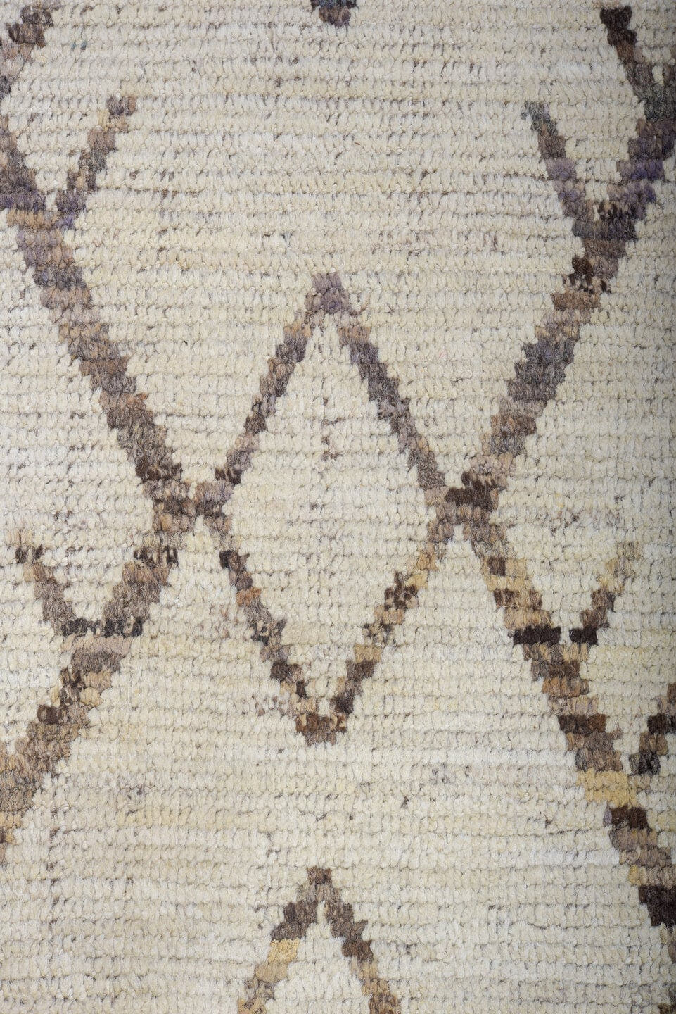 10' x 13' one-of-a-kind handmade vintage Tulu large size rug. Color palette: ivory, brown, taupe, camel, beige, gray