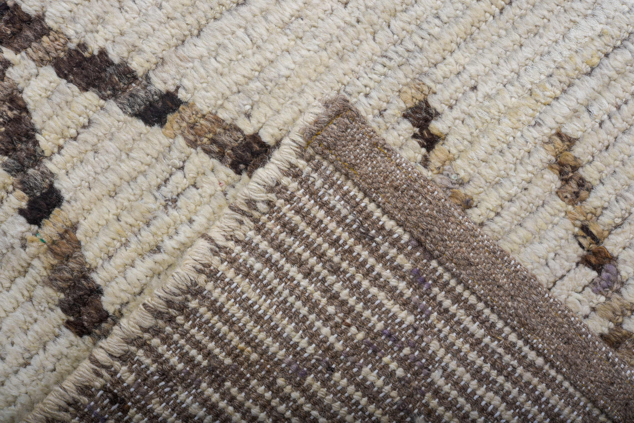 10' x 13' one-of-a-kind handmade vintage Tulu large size rug. Color palette: ivory, brown, taupe, camel, beige, gray
