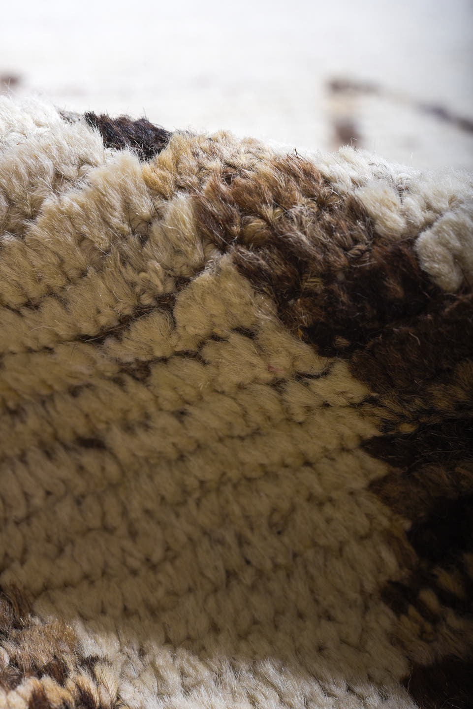 10' x 13' one-of-a-kind handmade vintage Tulu large size rug. Color palette: ivory, brown, taupe, camel, beige, gray