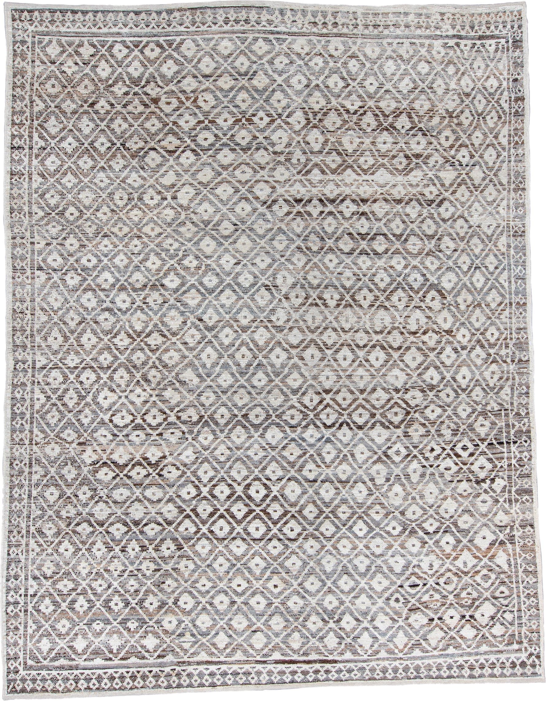 10' x 13' one-of-a-kind handmade vintage Tulu large size rug. Color palette: ivory, taupe, brown, gray, charcoal, cream