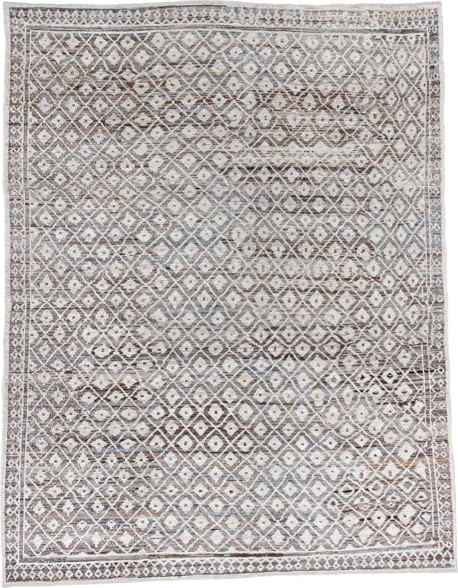10' x 13' one-of-a-kind handmade vintage Tulu large size rug. Color palette: ivory, taupe, brown, gray, charcoal, cream