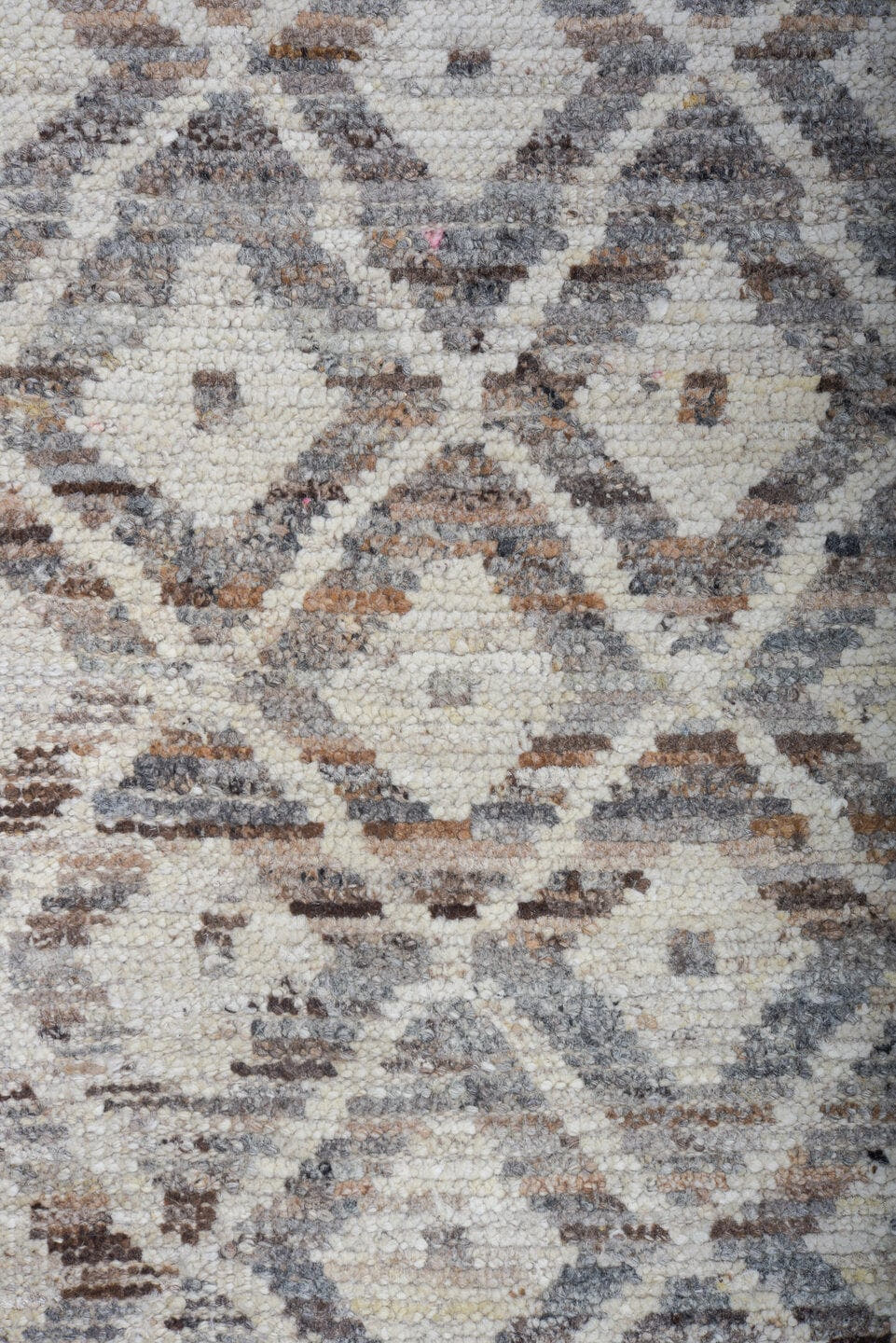 10' x 13' one-of-a-kind handmade vintage Tulu large size rug. Color palette: ivory, taupe, brown, gray, charcoal, cream