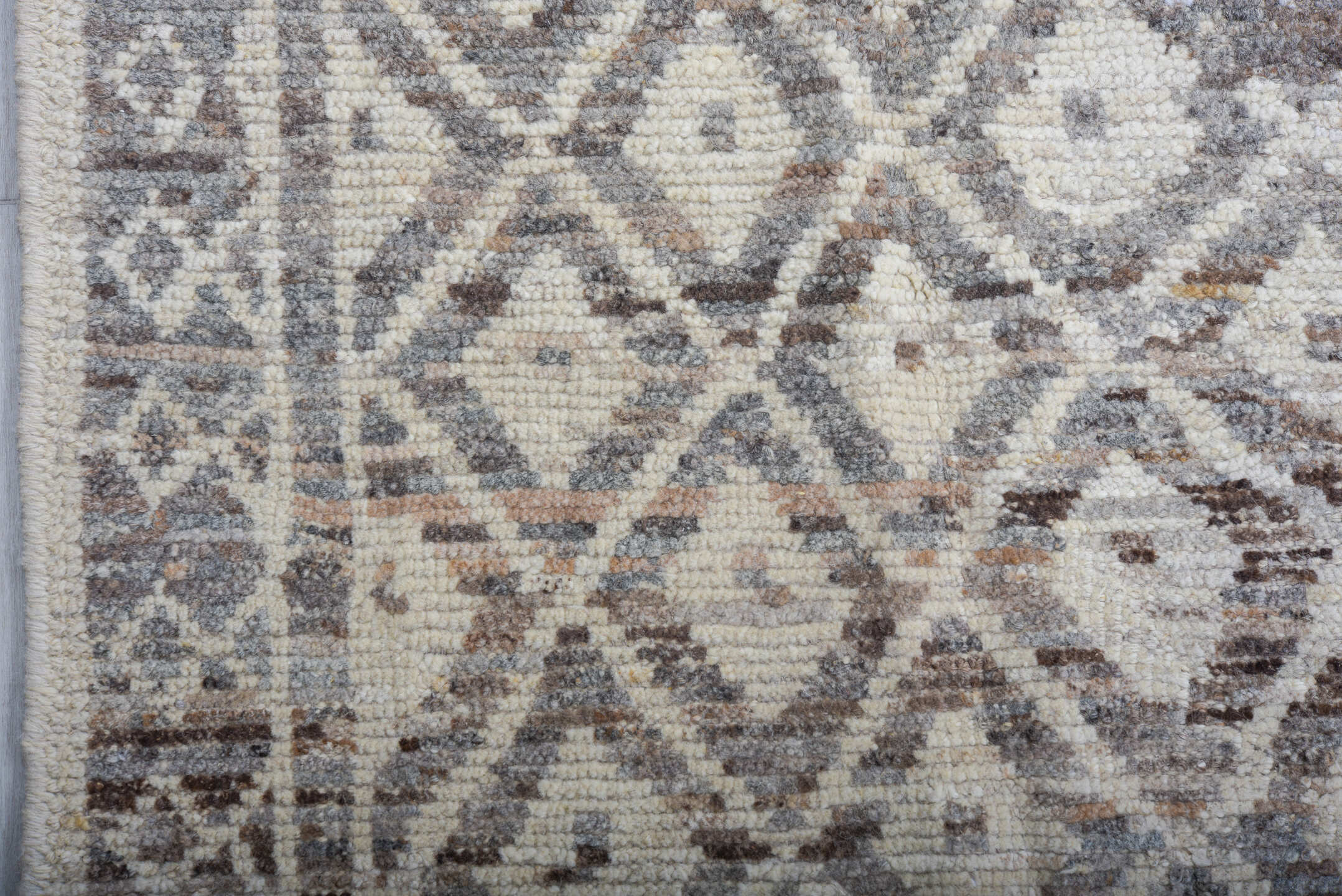 10' x 13' one-of-a-kind handmade vintage Tulu large size rug. Color palette: ivory, taupe, brown, gray, charcoal, cream