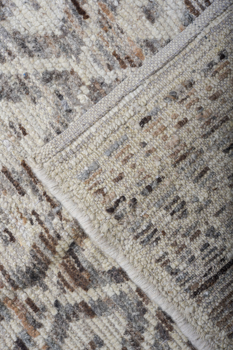10' x 13' one-of-a-kind handmade vintage Tulu large size rug. Color palette: ivory, taupe, brown, gray, charcoal, cream