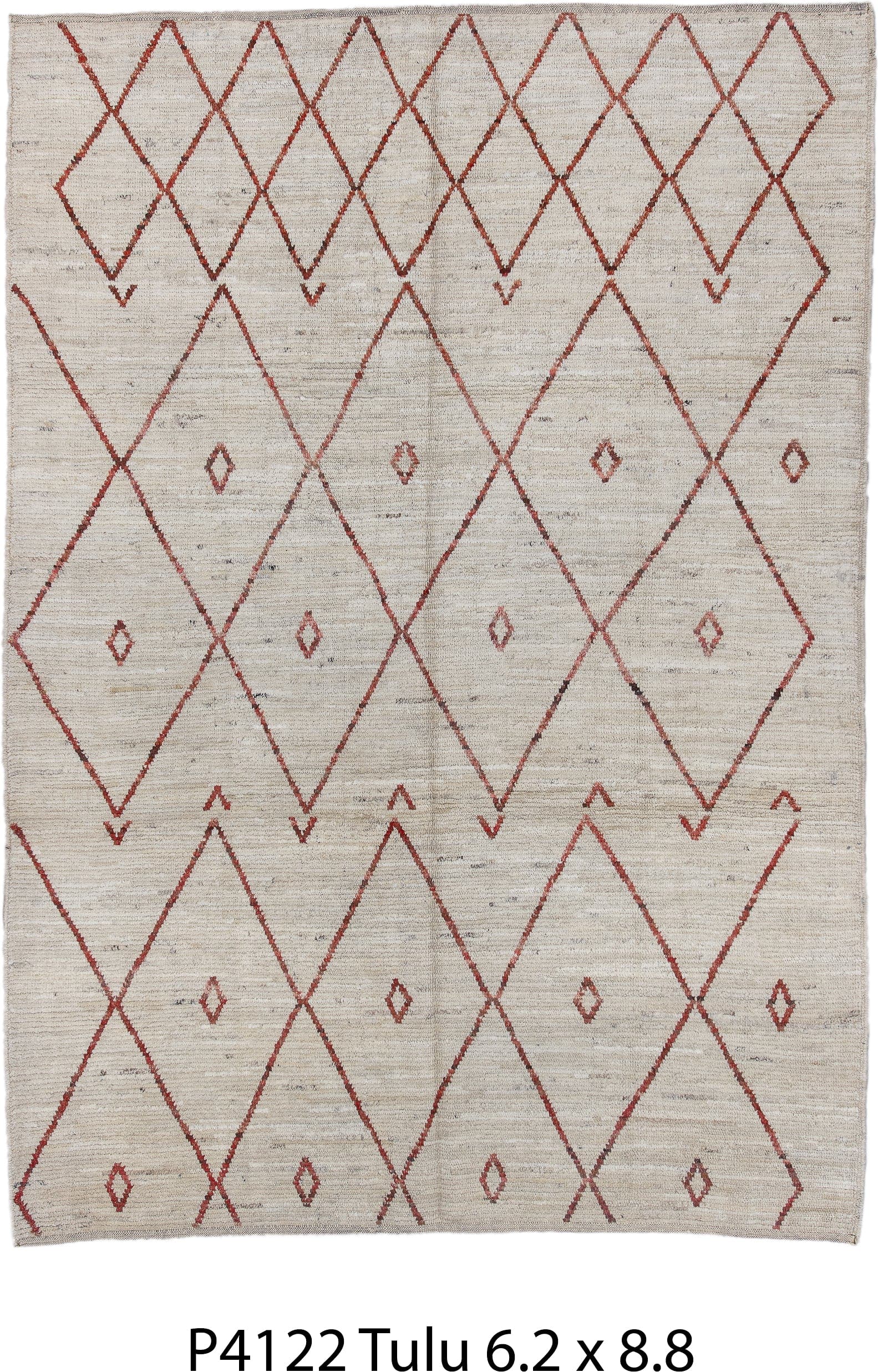 6' x 8' one-of-a-kind handmade vintage Tulu medium size rug. Color palette: ivory, rust, taupe, brown, terracotta, beige