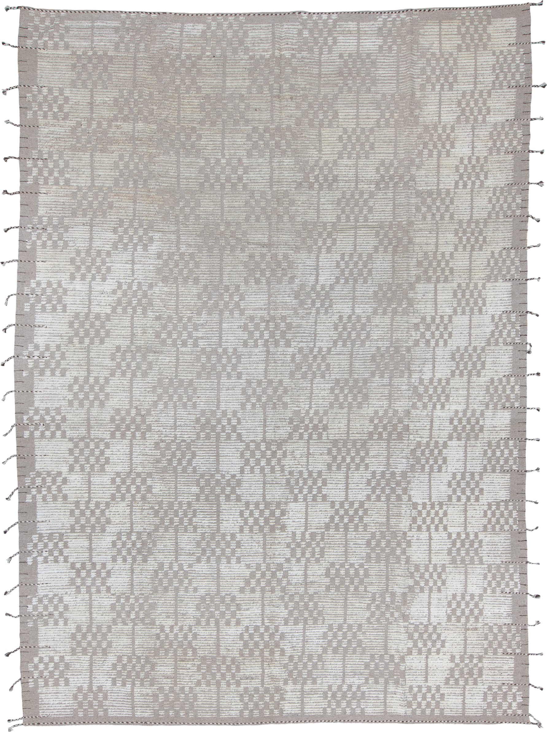 6' x 8' one-of-a-kind handmade vintage Tulu medium size rug. Color palette: ivory, taupe, greige, beige, gray