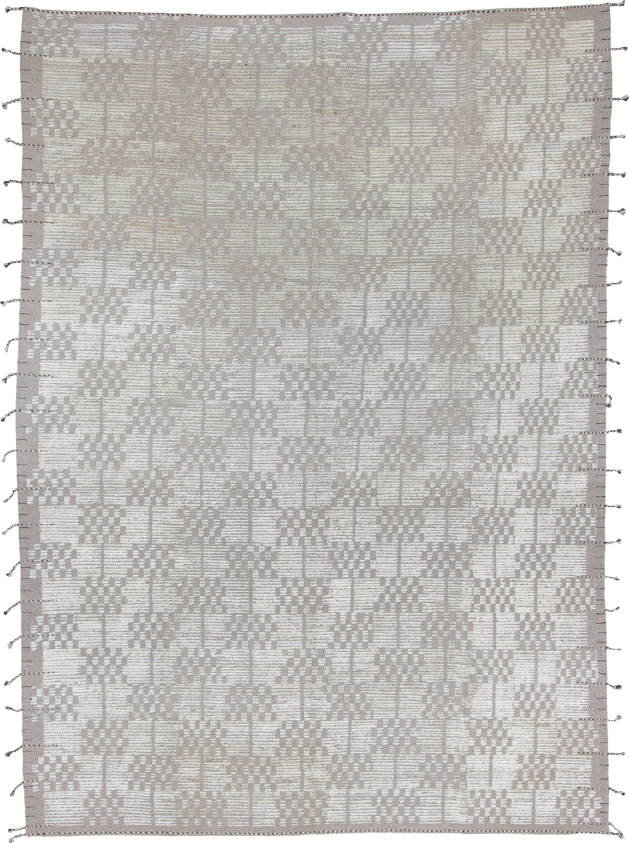 6' x 8' one-of-a-kind handmade vintage Tulu medium size rug. Color palette: ivory, taupe, greige, beige, gray