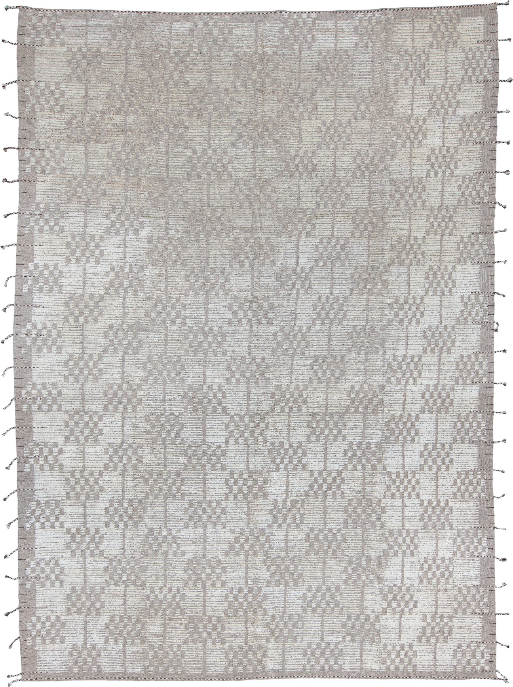 6' x 8' one-of-a-kind handmade vintage Tulu medium size rug. Color palette: ivory, taupe, greige, beige, gray