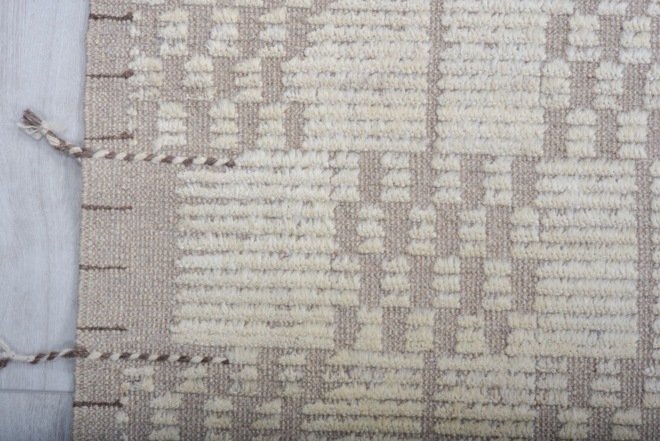 6' x 8' one-of-a-kind handmade vintage Tulu medium size rug. Color palette: ivory, taupe, greige, beige, gray