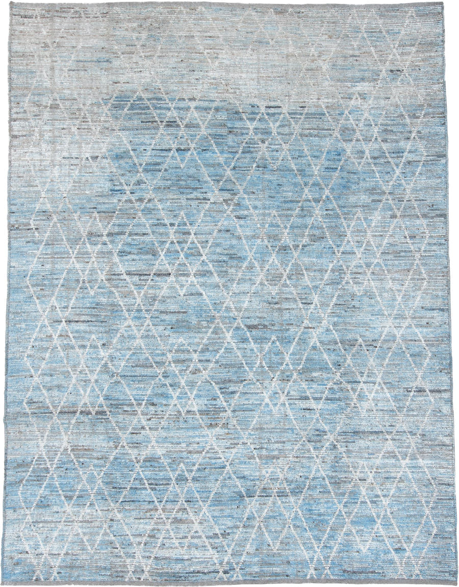 9' x 12' one-of-a-kind handmade vintage Tulu large size rug. Color palette: sky blue, ivory, silver, pale gray, light blue