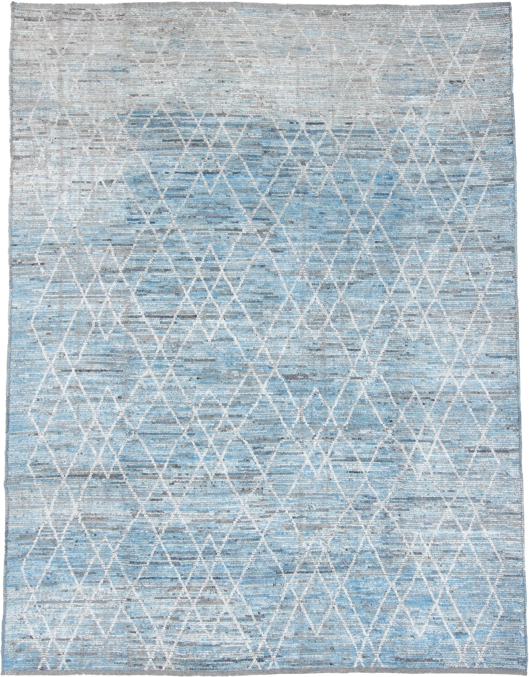 9' x 12' one-of-a-kind handmade vintage Tulu large size rug. Color palette: sky blue, ivory, silver, pale gray, light blue