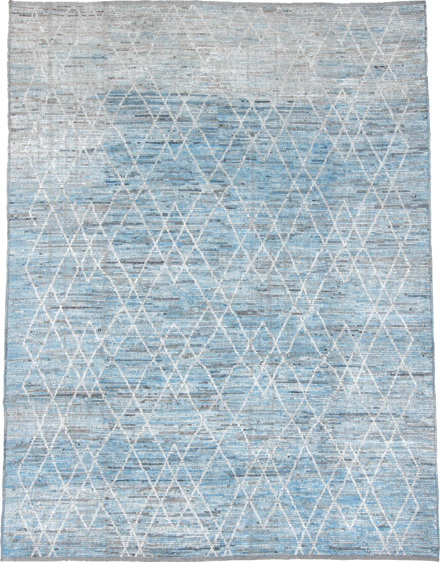 9' x 12' one-of-a-kind handmade vintage Tulu large size rug. Color palette: dark gray, gray, light blue, light gray