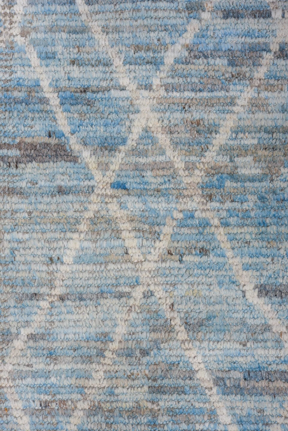 9' x 12' one-of-a-kind handmade vintage Tulu large size rug. Color palette: sky blue, ivory, silver, pale gray, light blue