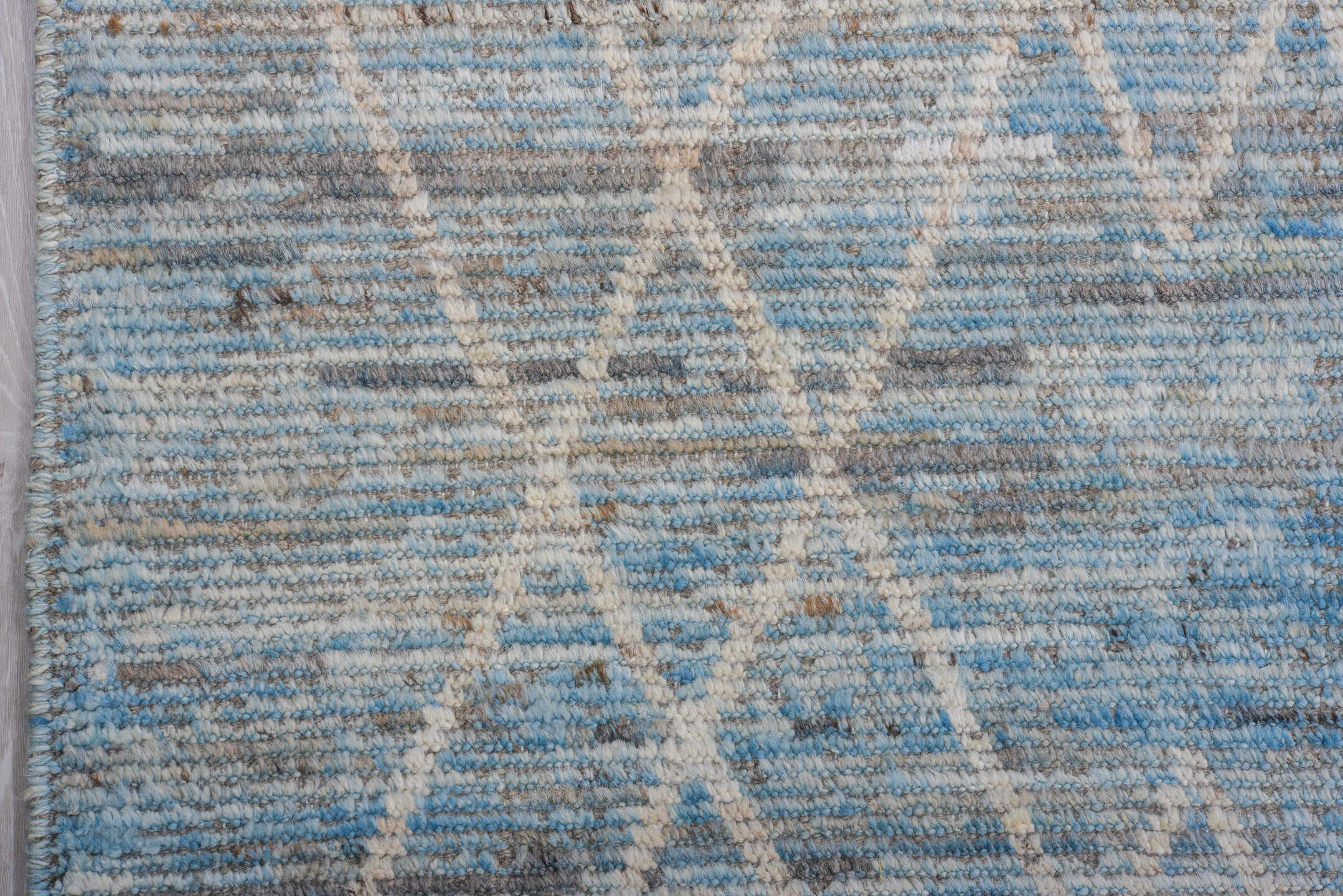 9' x 12' one-of-a-kind handmade vintage Tulu large size rug. Color palette: sky blue, ivory, silver, pale gray, light blue