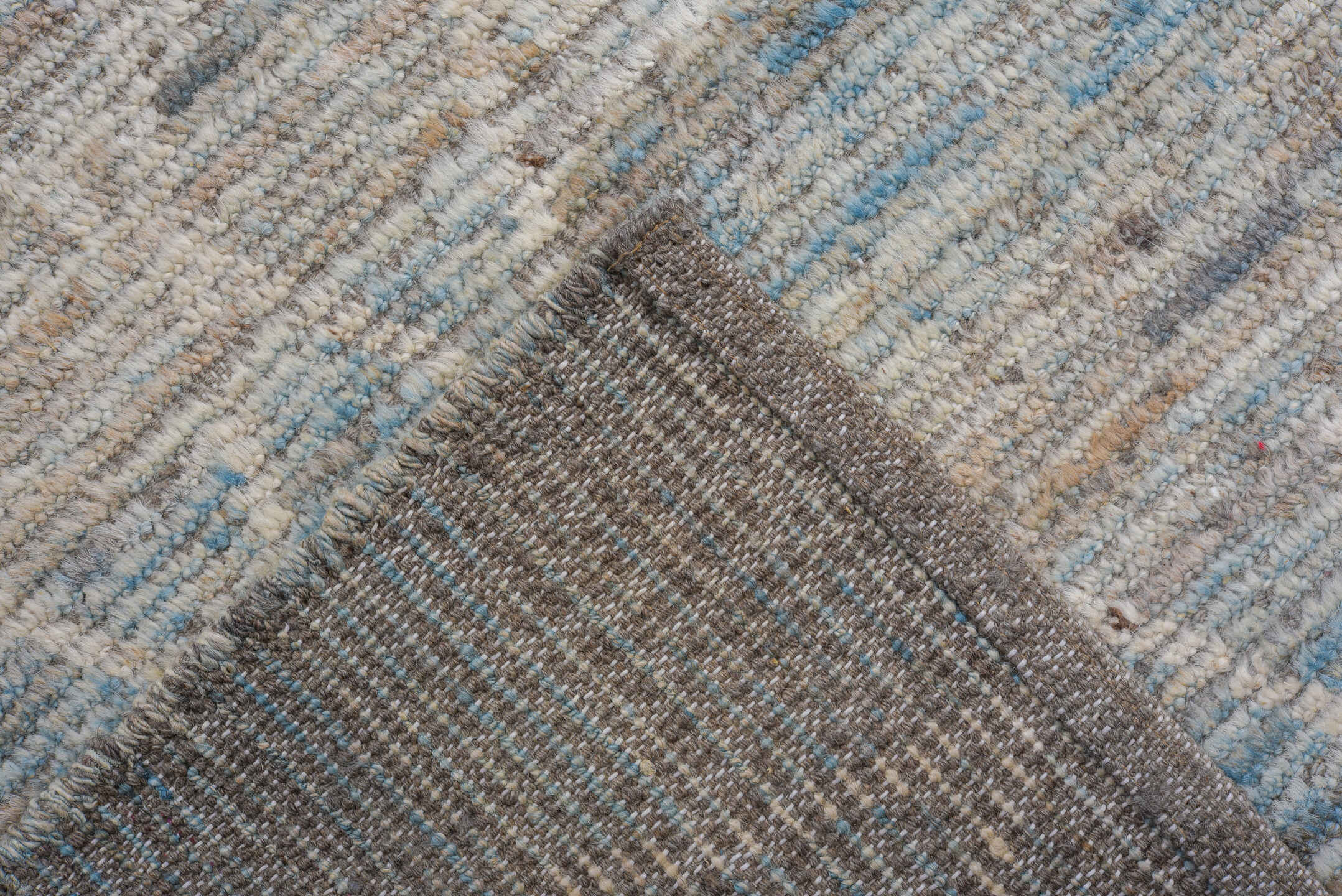 9' x 12' one-of-a-kind handmade vintage Tulu large size rug. Color palette: sky blue, ivory, silver, pale gray, light blue