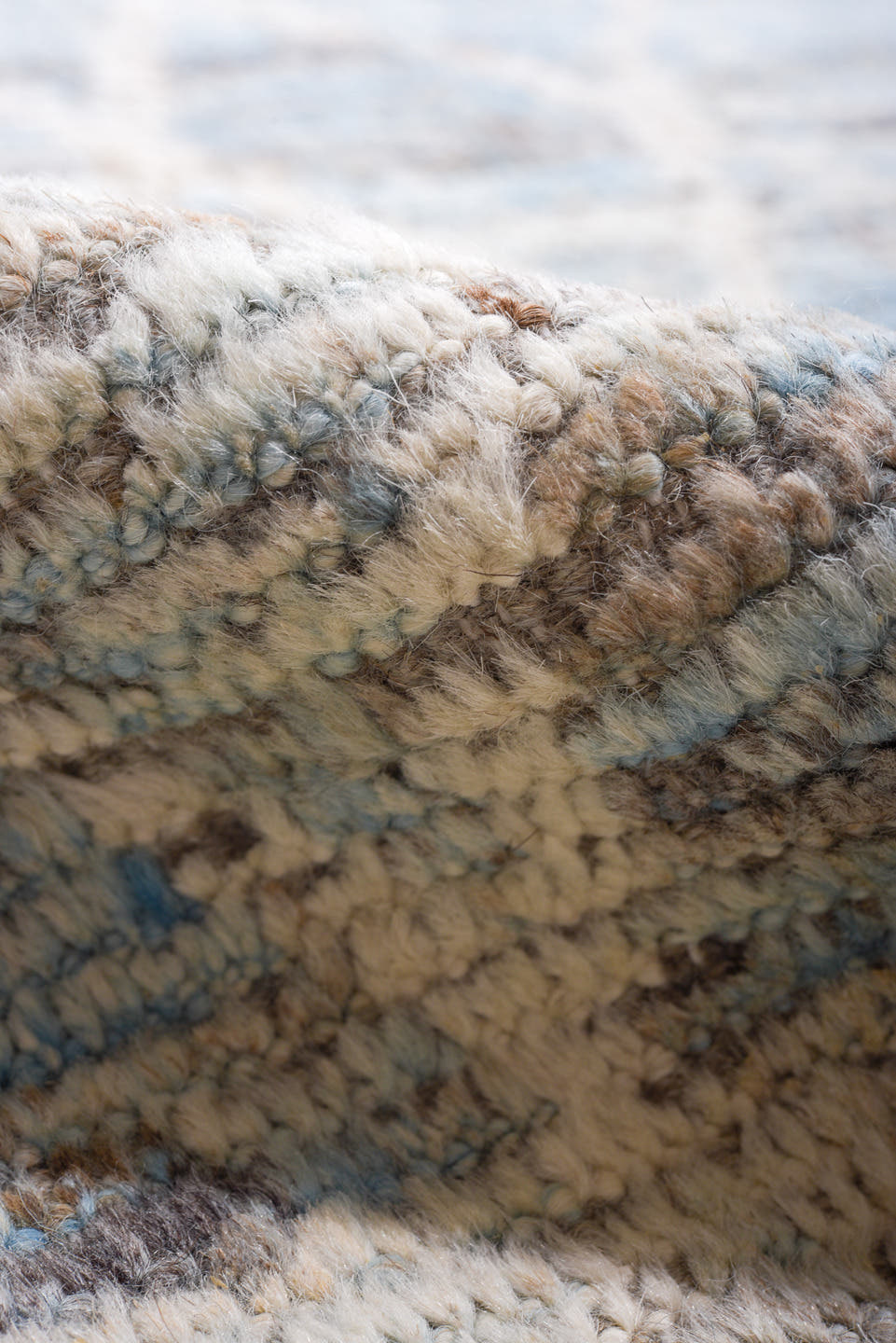 9' x 12' one-of-a-kind handmade vintage Tulu large size rug. Color palette: sky blue, ivory, silver, pale gray, light blue