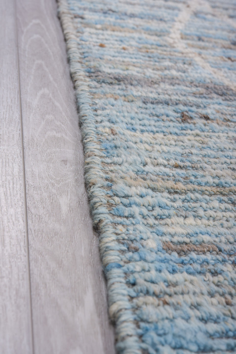 9' x 12' one-of-a-kind handmade vintage Tulu large size rug. Color palette: sky blue, ivory, silver, pale gray, light blue