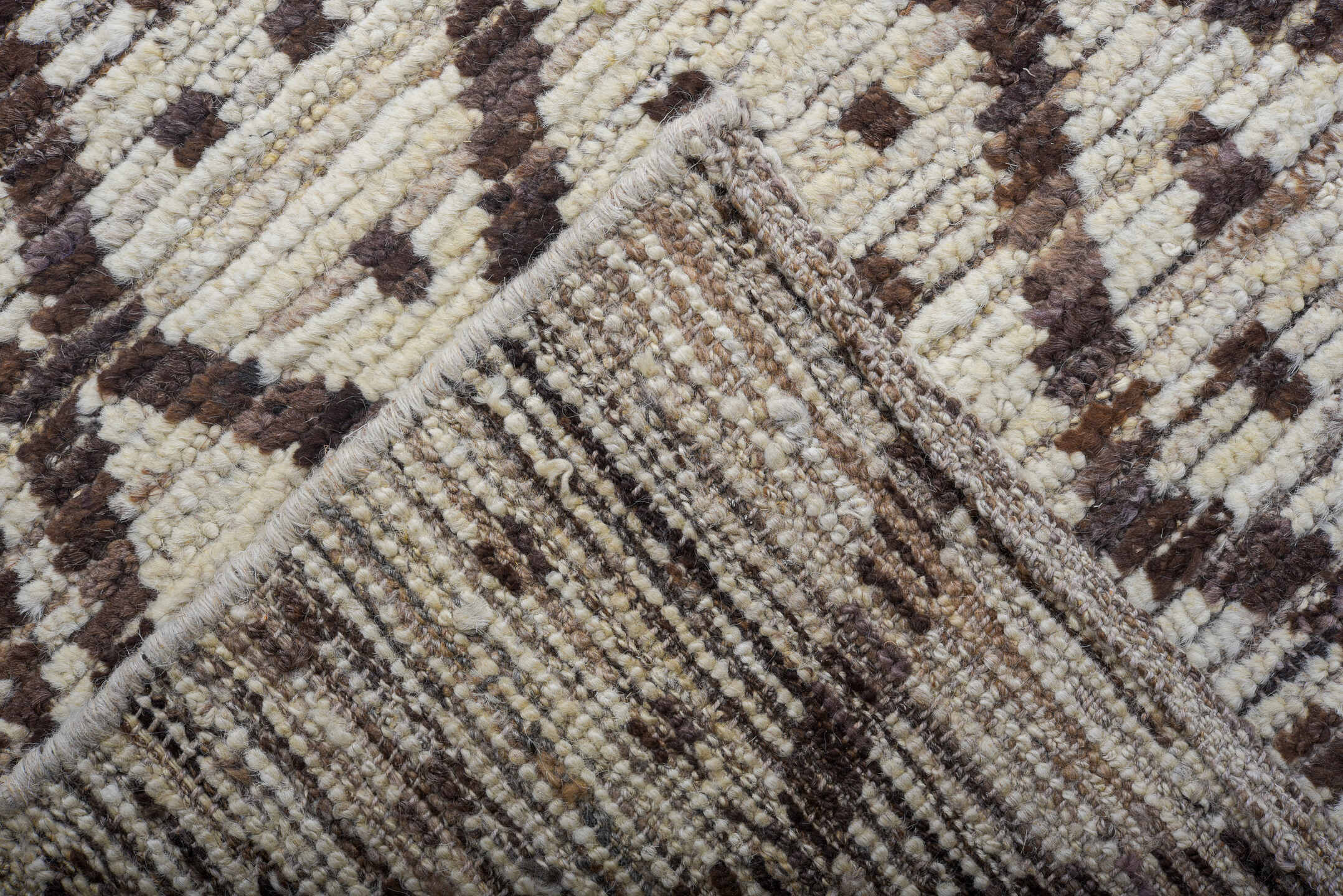 9' x 12' one-of-a-kind handmade vintage Tulu large size rug. Color palette: ivory, charcoal, taupe, brown, gray, black