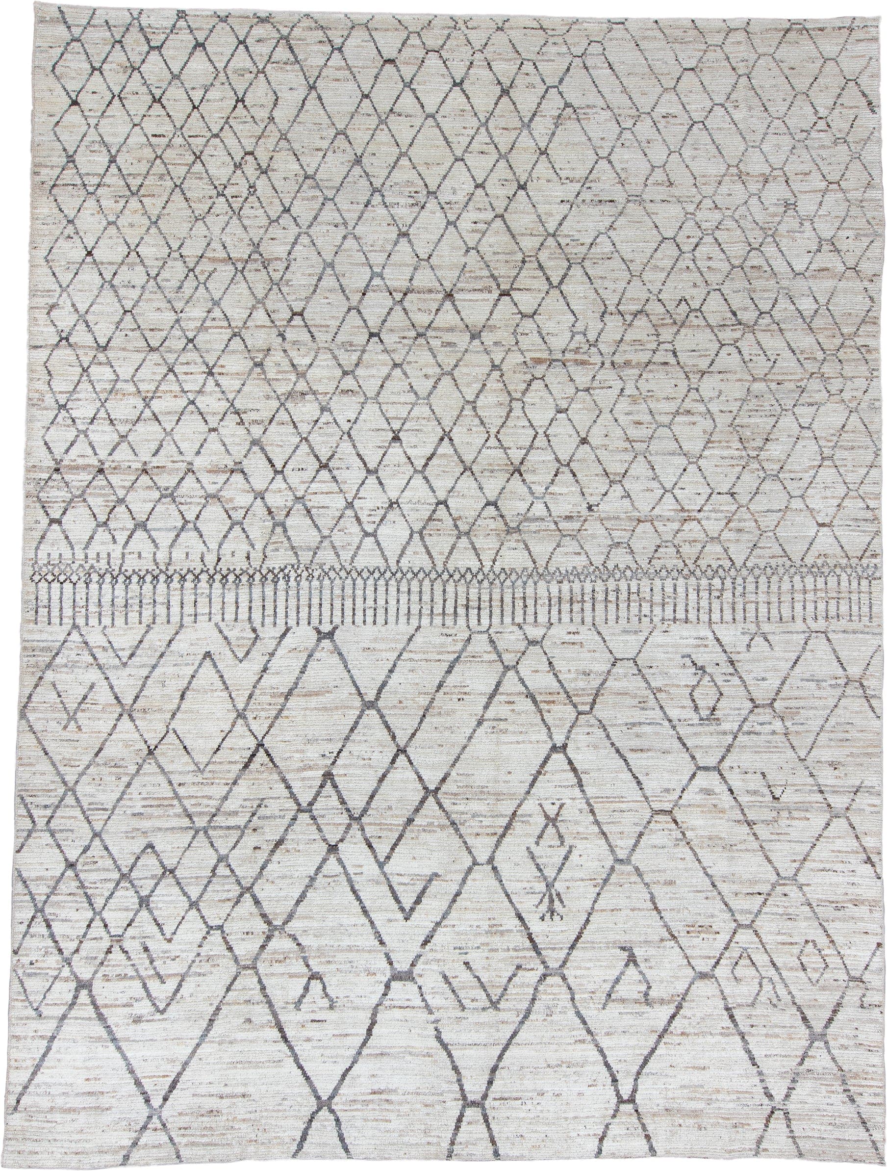 6' x 9' one-of-a-kind handmade vintage Tulu medium size rug. Color palette: ivory, charcoal, taupe, camel, gray, black
