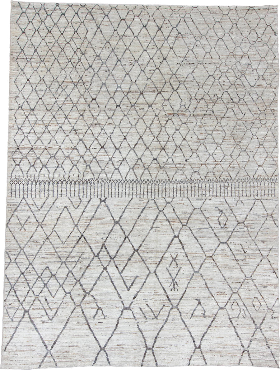 6' x 9' one-of-a-kind handmade vintage Tulu medium size rug. Color palette: ivory, charcoal, taupe, camel, gray, black