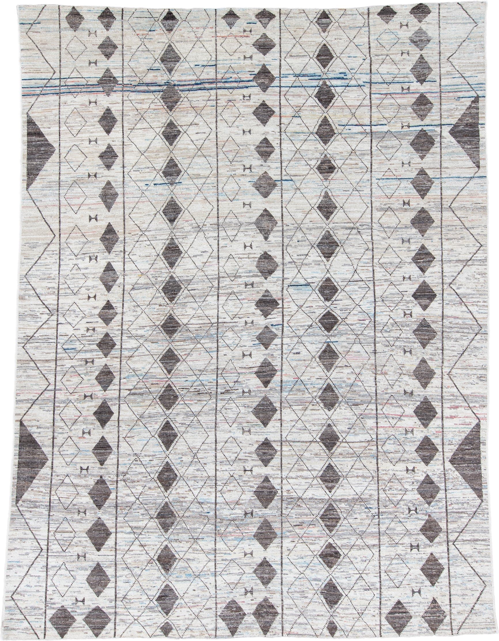 10' x 13' one-of-a-kind handmade vintage Tulu large size rug. Color palette: ivory, charcoal, sky_blue, taupe, blush, gray