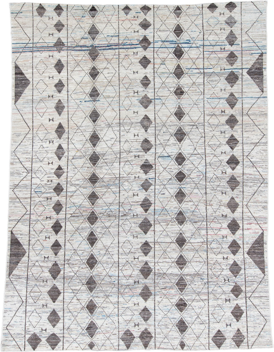 10' x 13' one-of-a-kind handmade vintage Tulu large size rug. Color palette: ivory, charcoal, sky_blue, taupe, blush, gray