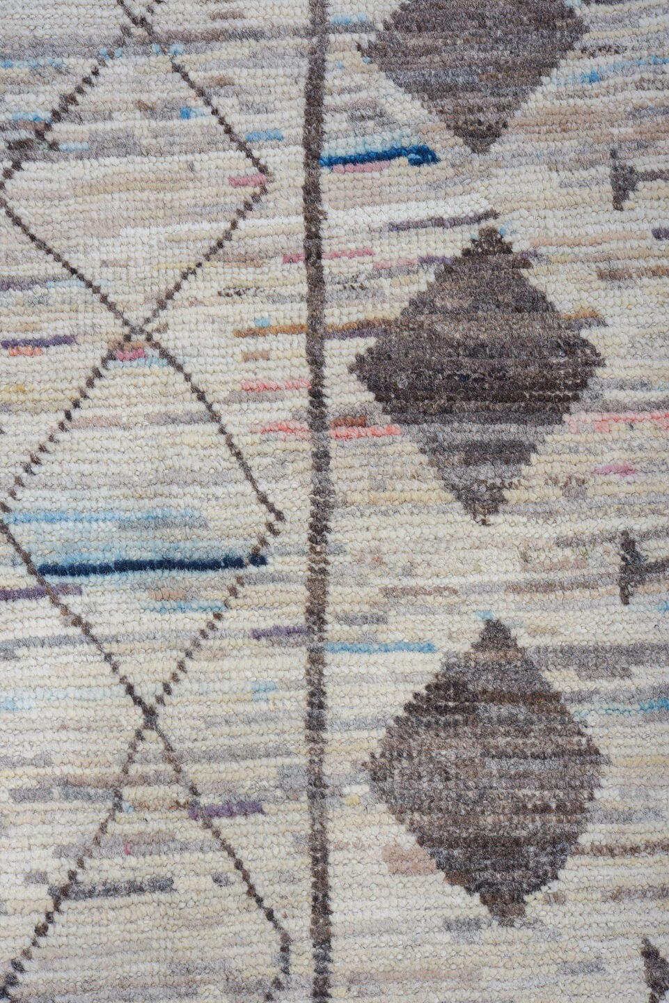 10' x 13' one-of-a-kind handmade vintage Tulu large size rug. Color palette: ivory, charcoal, sky_blue, taupe, blush, gray