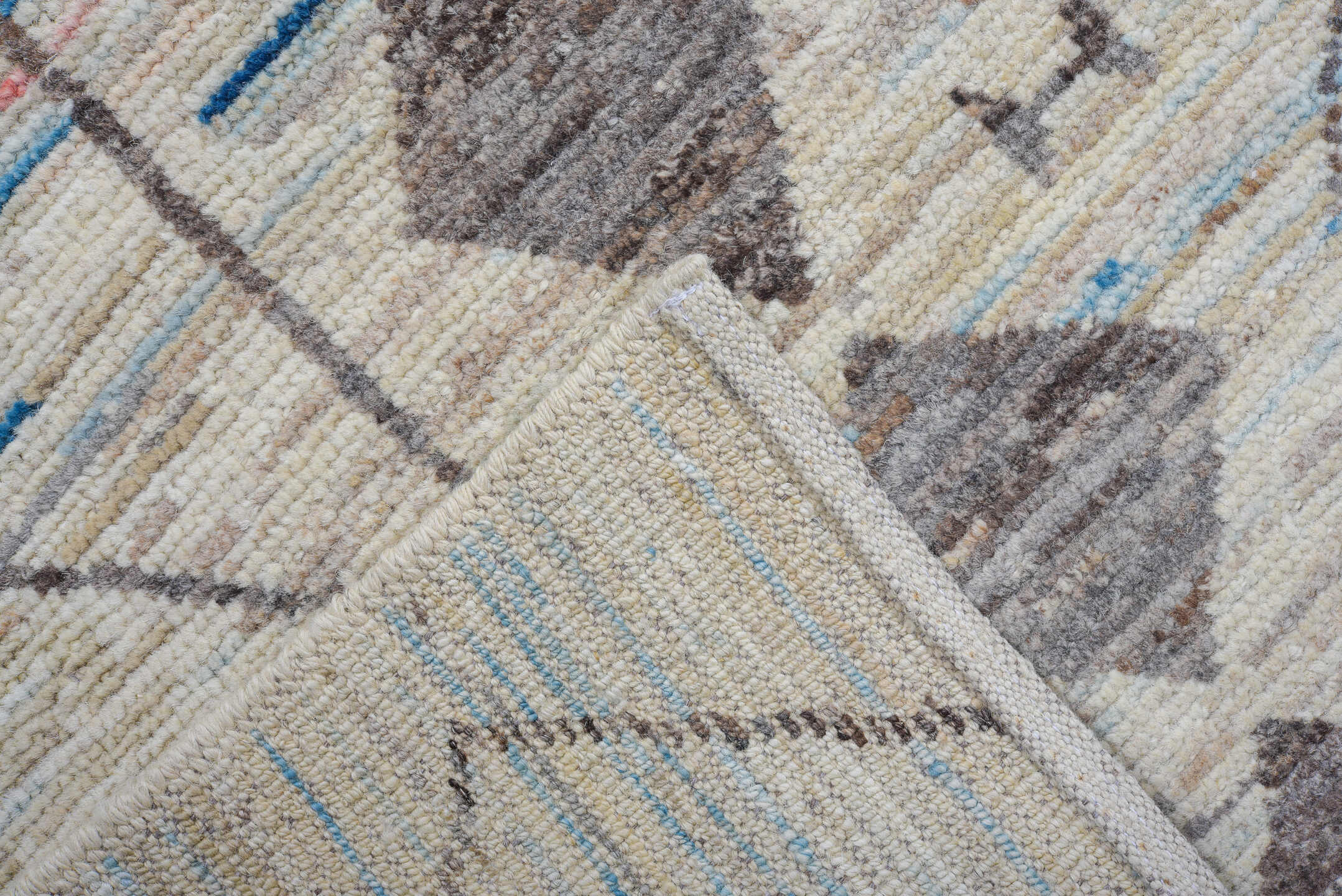 10' x 13' one-of-a-kind handmade vintage Tulu large size rug. Color palette: ivory, charcoal, sky_blue, taupe, blush, gray