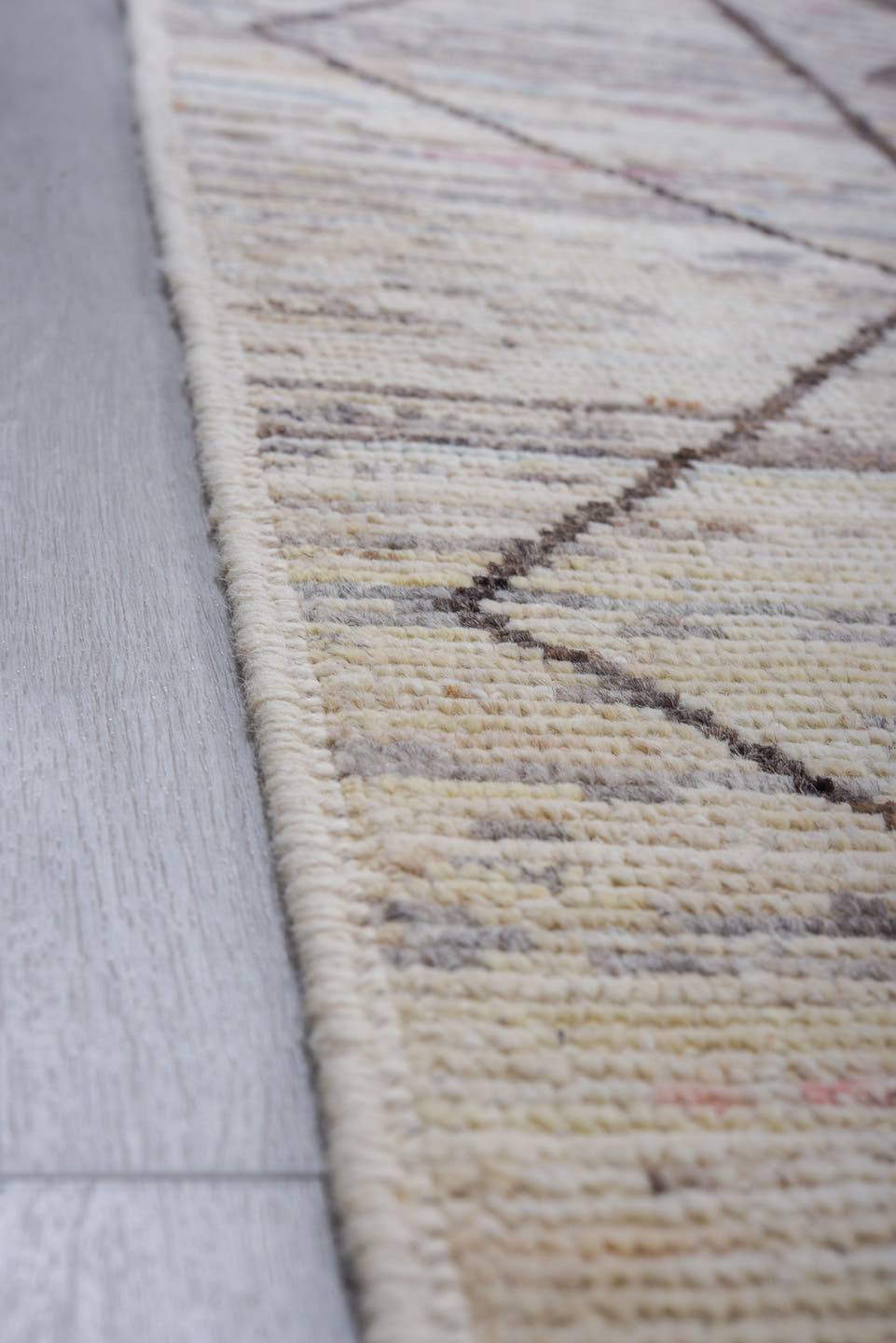 10' x 13' one-of-a-kind handmade vintage Tulu large size rug. Color palette: ivory, charcoal, sky_blue, taupe, blush, gray