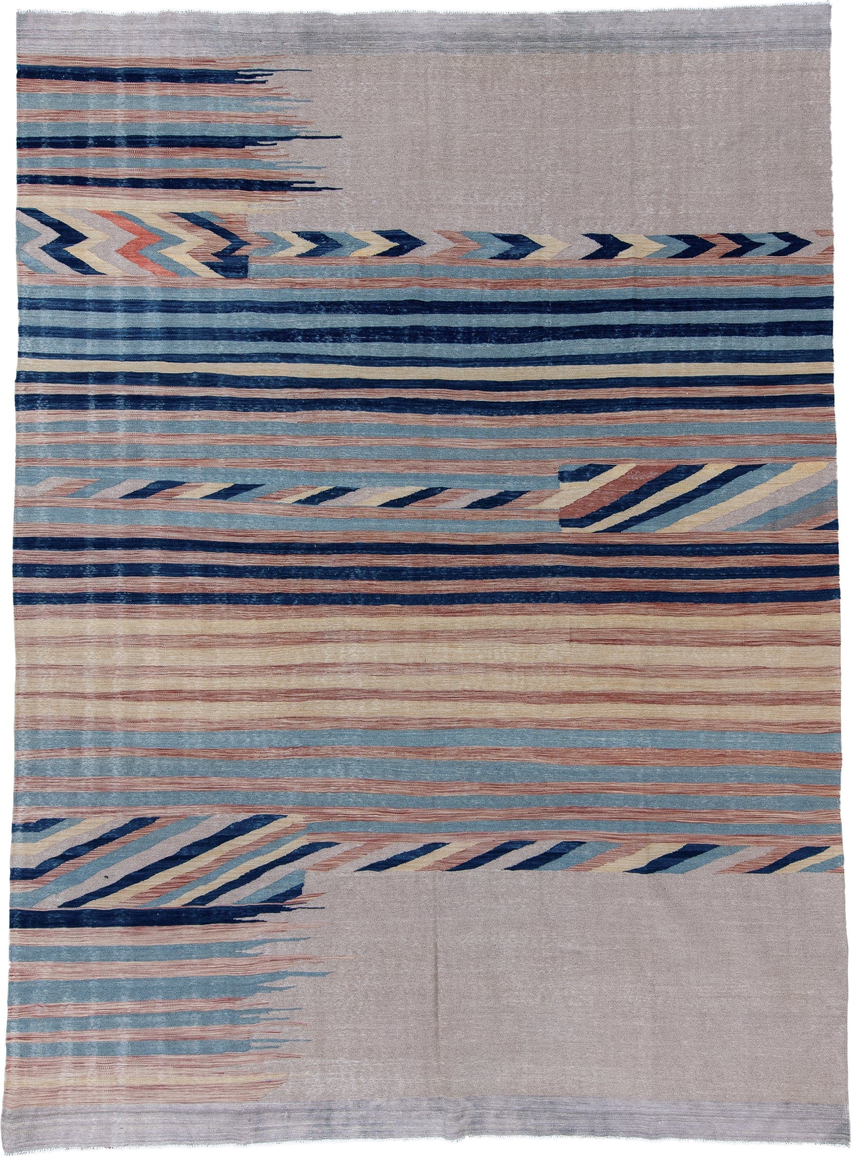 9' x 12' one-of-a-kind handmade vintage Kilim large size rug. Color palette: taupe, sky blue, navy, blush, ivory, beige