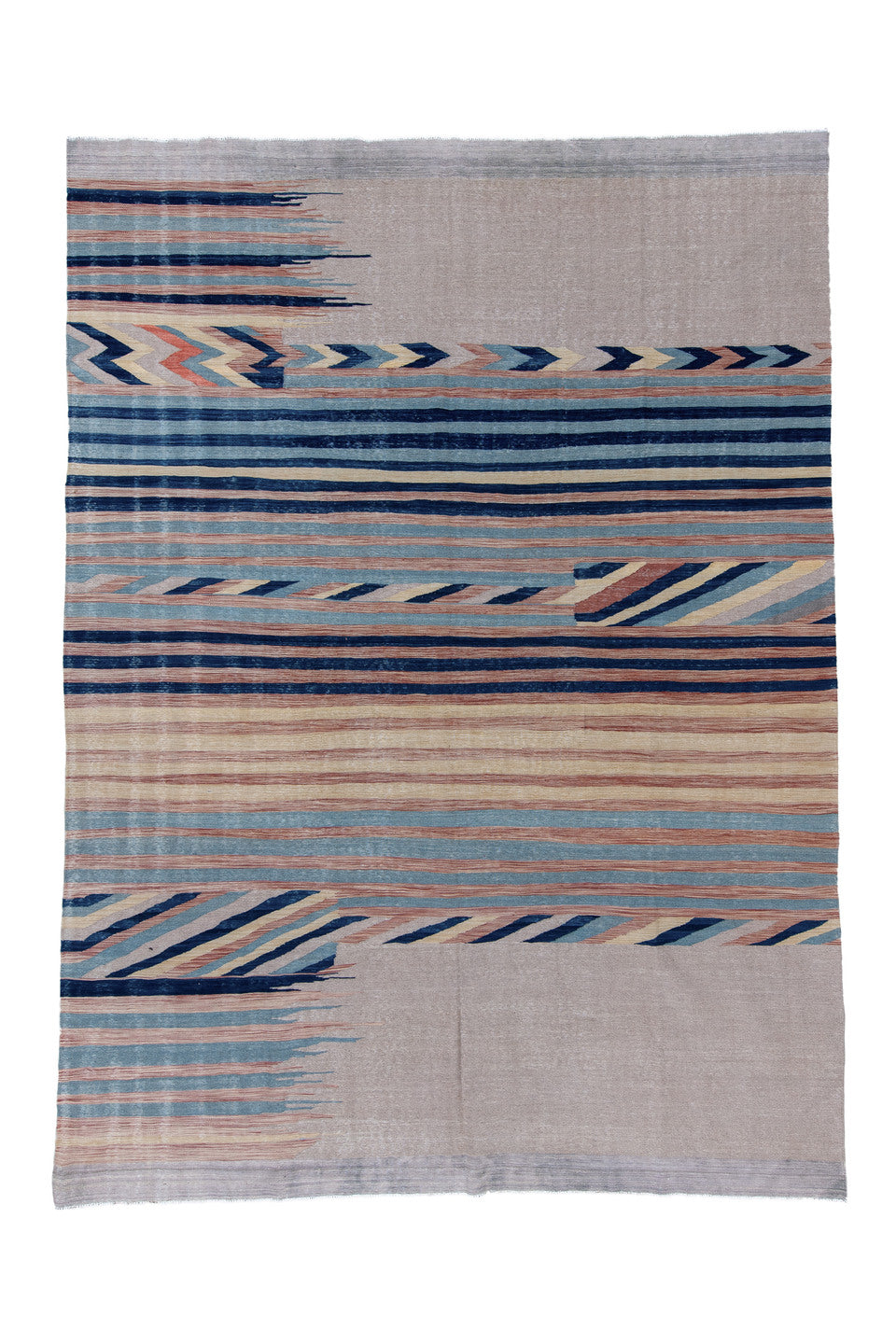 9' x 12' one-of-a-kind handmade vintage Kilim large size rug. Color palette: blue, brown, dark gray, gray, light blue