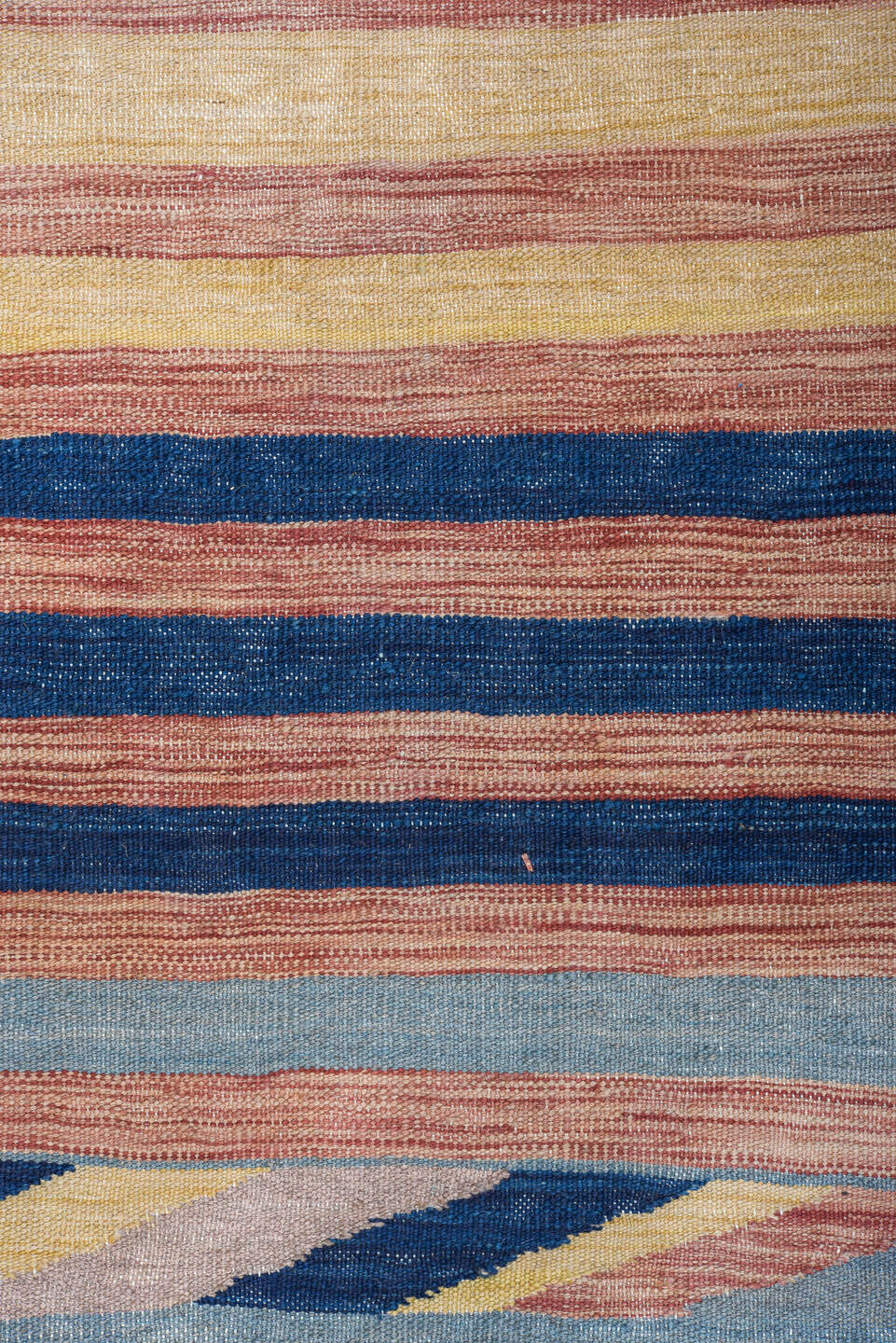 9' x 12' one-of-a-kind handmade vintage Kilim large size rug. Color palette: blue, brown, dark gray, gray, light blue