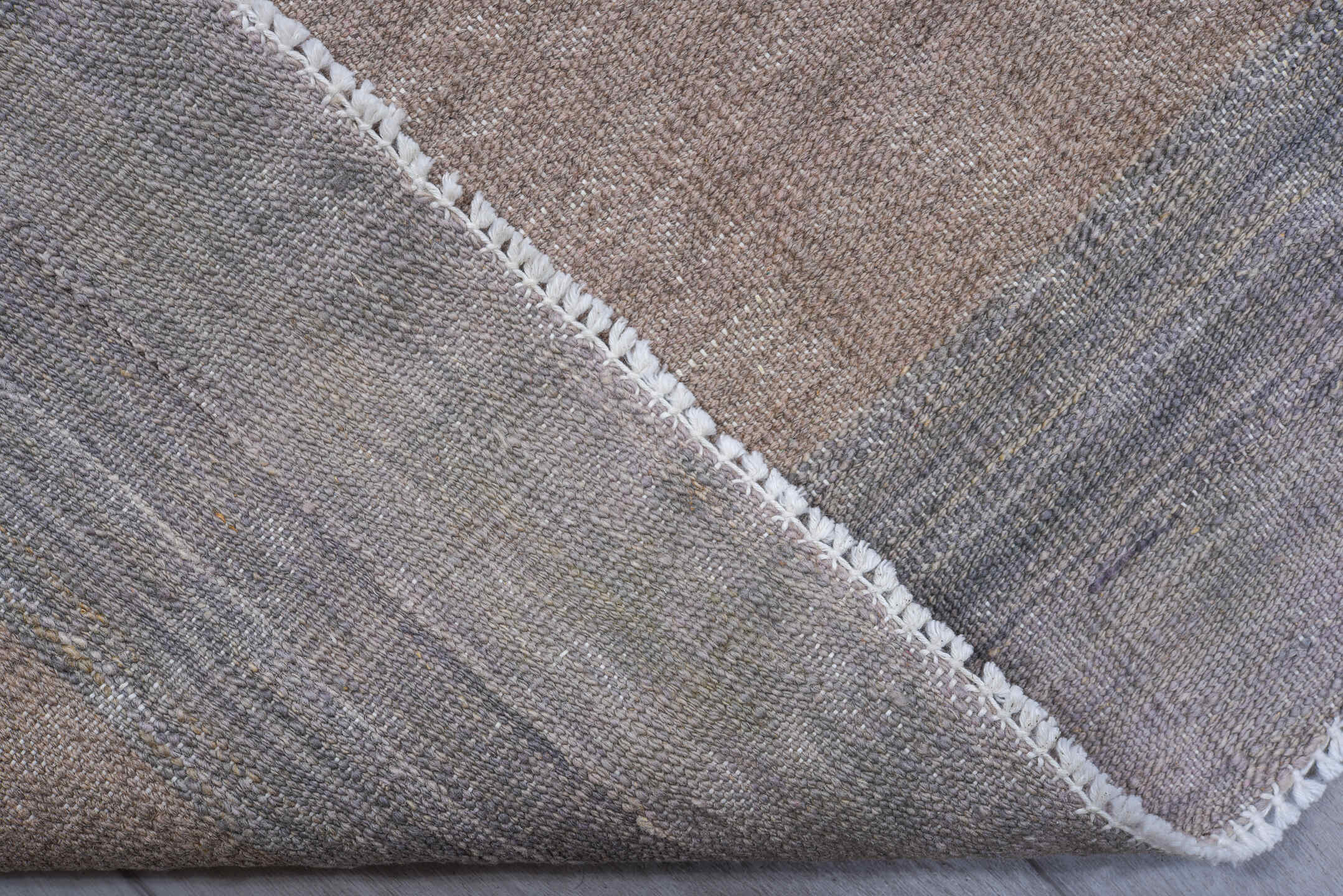 9' x 12' one-of-a-kind handmade vintage Kilim large size rug. Color palette: taupe, sky blue, navy, blush, ivory, beige