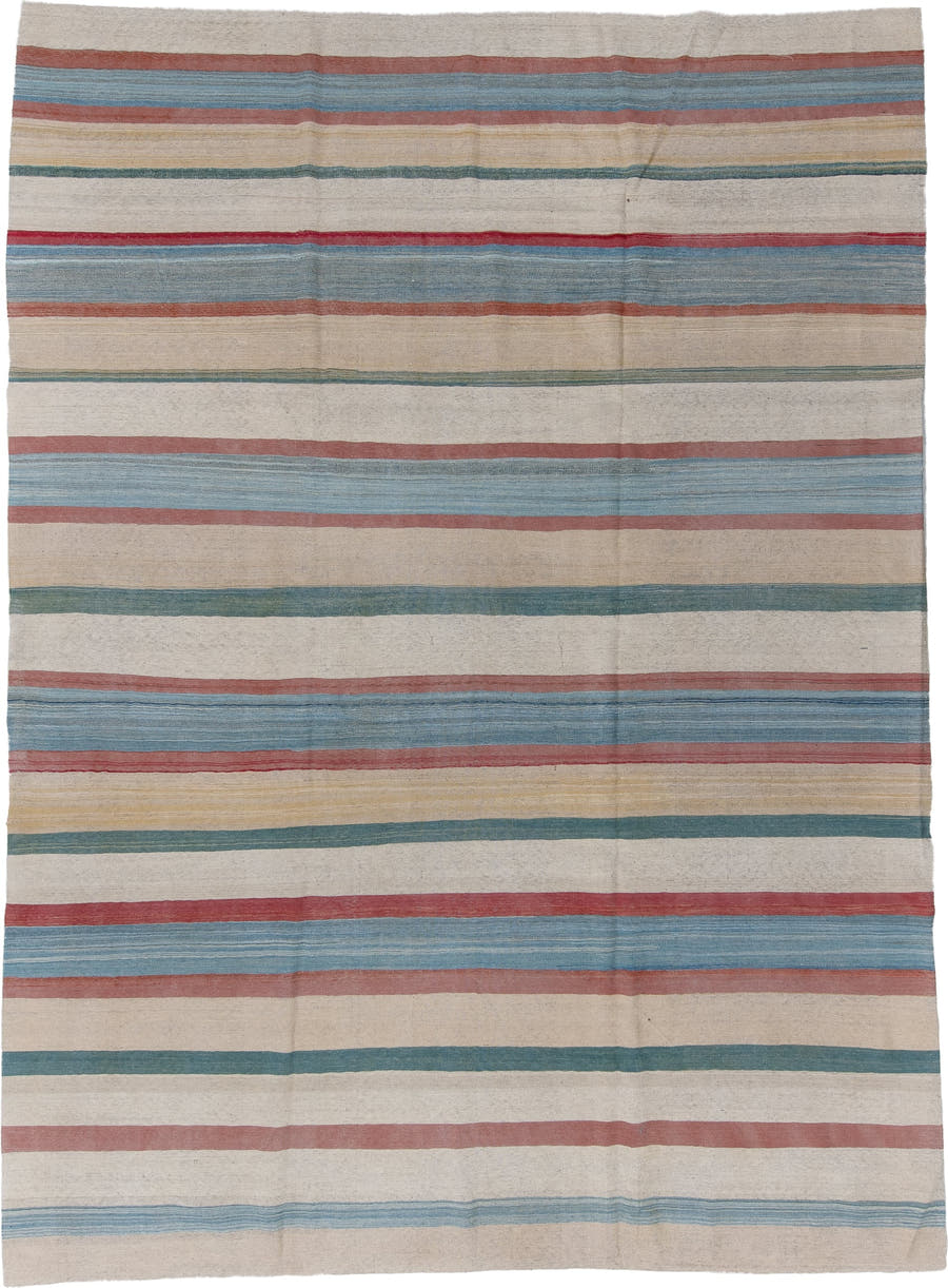 8' x 12' one-of-a-kind handmade vintage Kilim large size rug. Color palette: ivory, sky blue, rose, teal, pale gold, beige