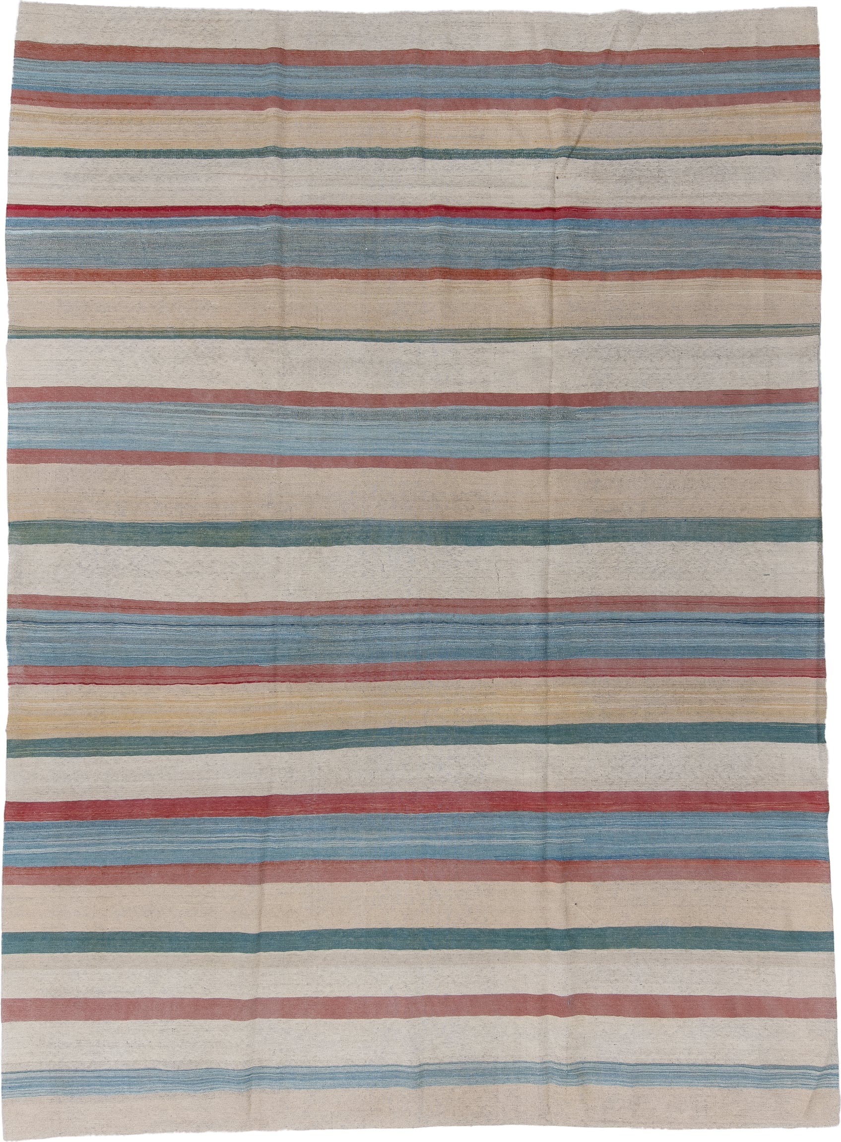 8' x 12' one-of-a-kind handmade vintage Kilim large size rug. Color palette: ivory, sky blue, rose, teal, pale gold, beige
