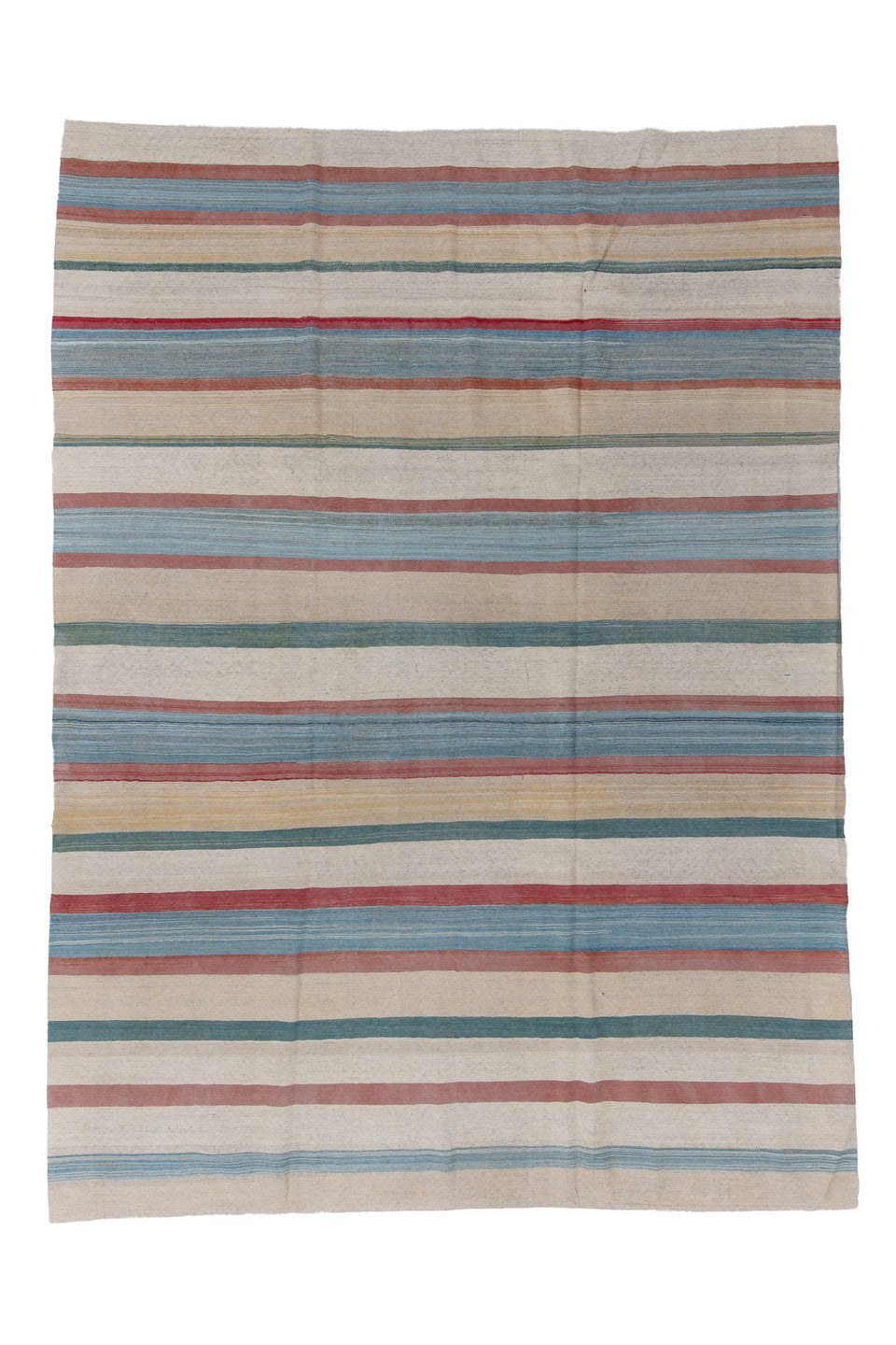 9' x 12' one-of-a-kind handmade vintage Kilim large size rug. Color palette: blue, brown, dark gray, dim gray, gray