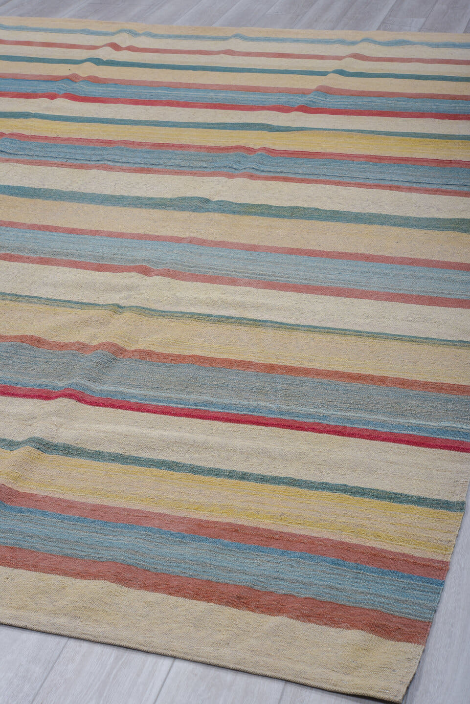 8' x 12' one-of-a-kind handmade vintage Kilim large size rug. Color palette: ivory, sky blue, rose, teal, pale gold, beige