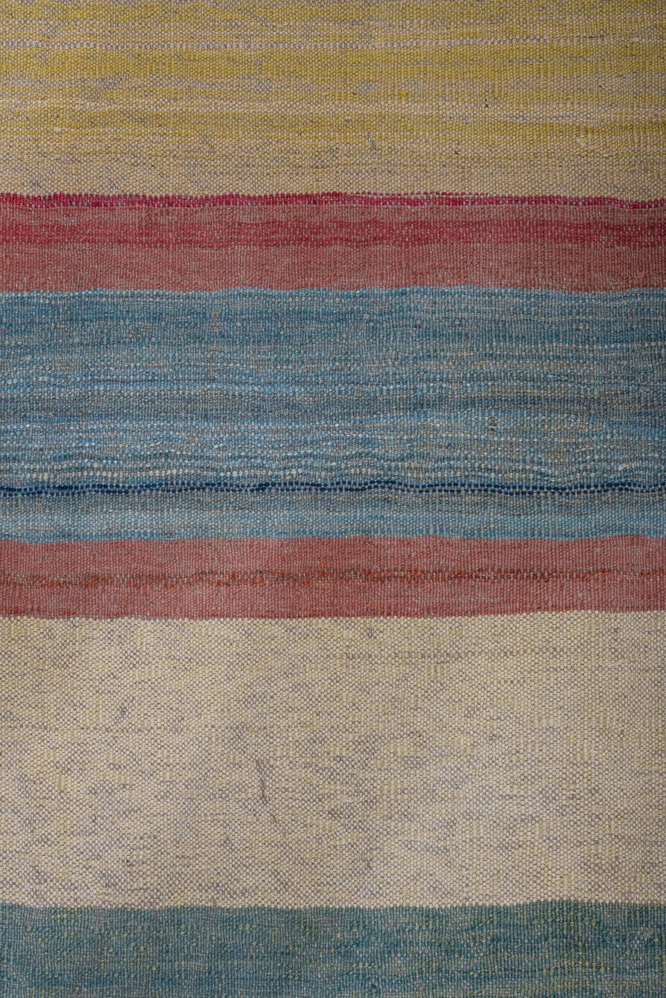 8' x 12' one-of-a-kind handmade vintage Kilim large size rug. Color palette: ivory, sky blue, rose, teal, pale gold, beige