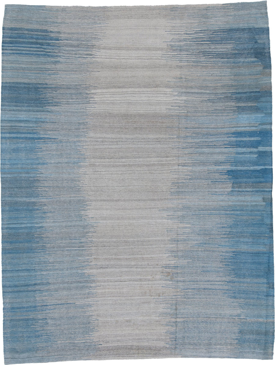 8' x 12' one-of-a-kind handmade vintage Kilim large size rug. Color palette: sky blue, ivory, slate, pale blue, gray