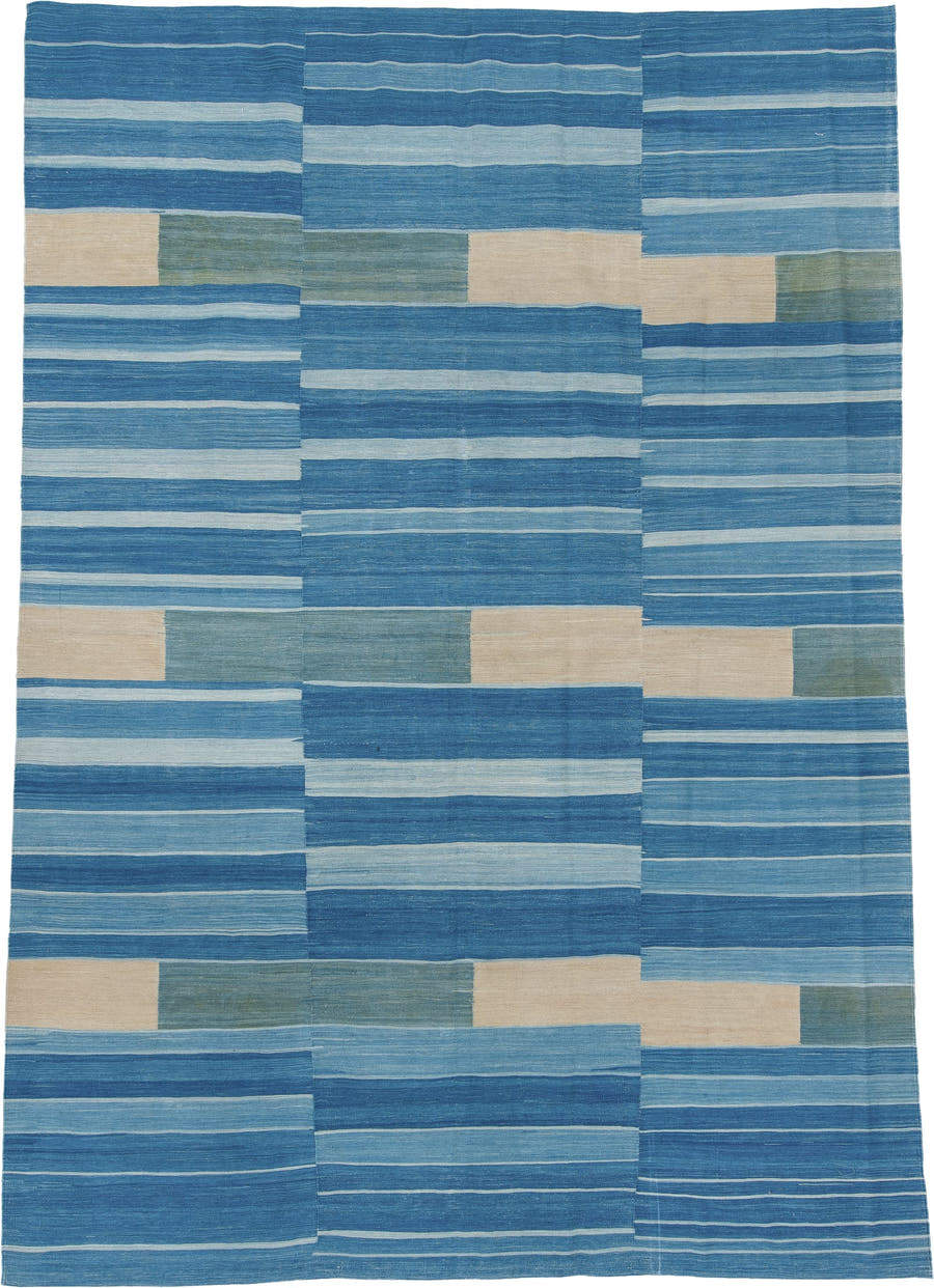 8' x 11' one-of-a-kind handmade vintage Kilim large size rug. Color palette: blue, sky blue, ivory, slate, seafoam